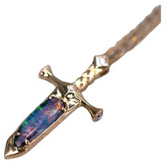 Knight Sword - Boulder Opal & Princess Cut Diamond Necklace 18K Yellow Gold