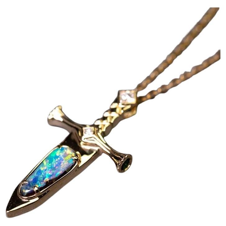 Knight Sword - Boulder Opal 
Princess Cut Diamond Necklace 18K Yellow Gold For Sale
