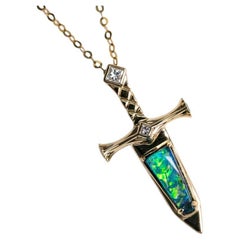 Knight Sword - Boulder Opal & Princess Cut Diamond Necklace 18K Yellow Gold
