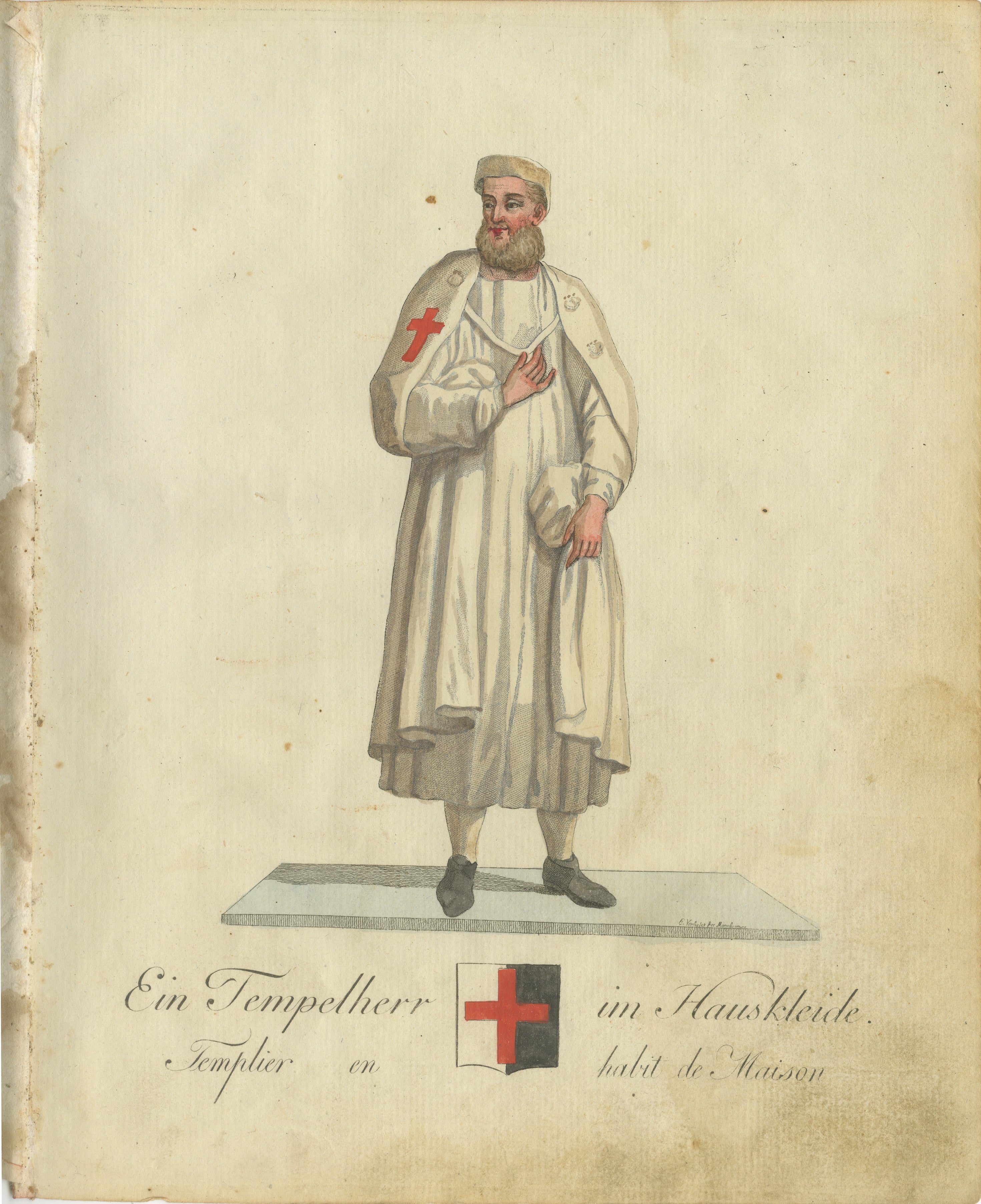1791 Kupferstich eines Tempelritters in Hauskleidung von Christian Friedrich Schwan  

Dieser detailreiche Stich mit dem Titel 