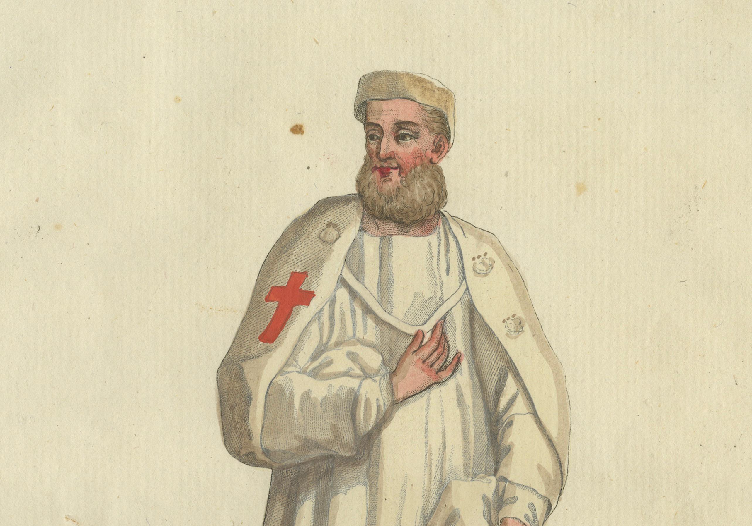 Knight Templar in Traditional House Attire: Ein seltener handkolorierter Kupferstich aus dem Jahr 1791 im Zustand „Gut“ im Angebot in Langweer, NL