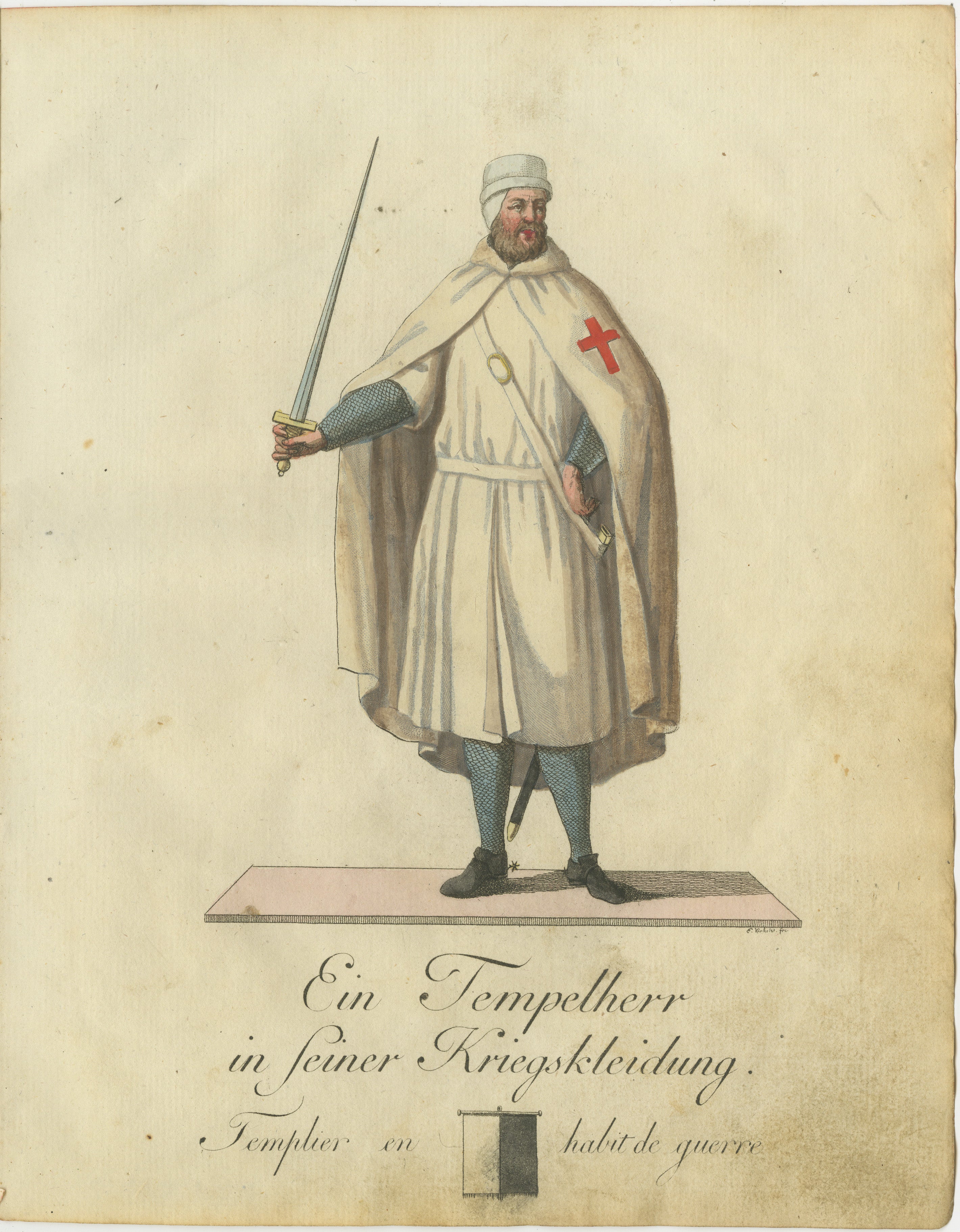 Knight Templar in War Attire: 1791 Handkolorierte Gravur aus der Historischen Serie  

Dieser eindrucksvolle handkolorierte Stich mit dem Titel 