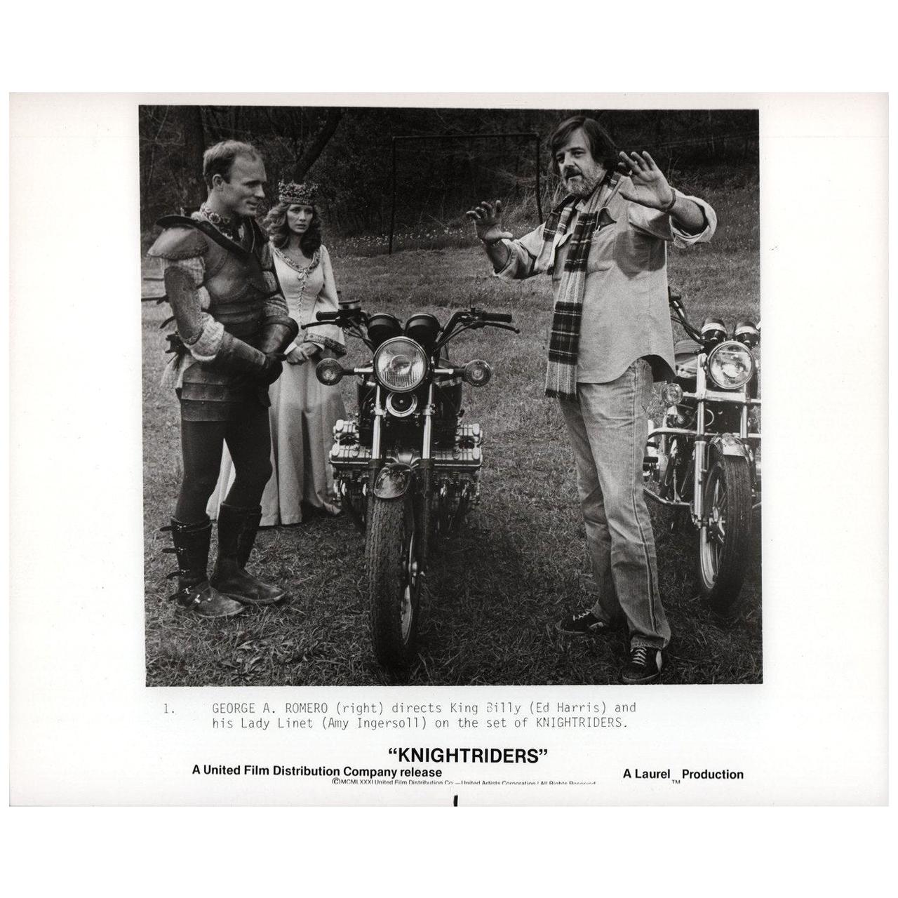 Original 1981 U.S. silver gelatin single-weight photo for the film “Knightriders” directed by George A. Romero with Ed Harris / Gary Lahti / Tom Savini / Amy Ingersoll. Fine condition. Please note: the size is stated in inces and the actual size can