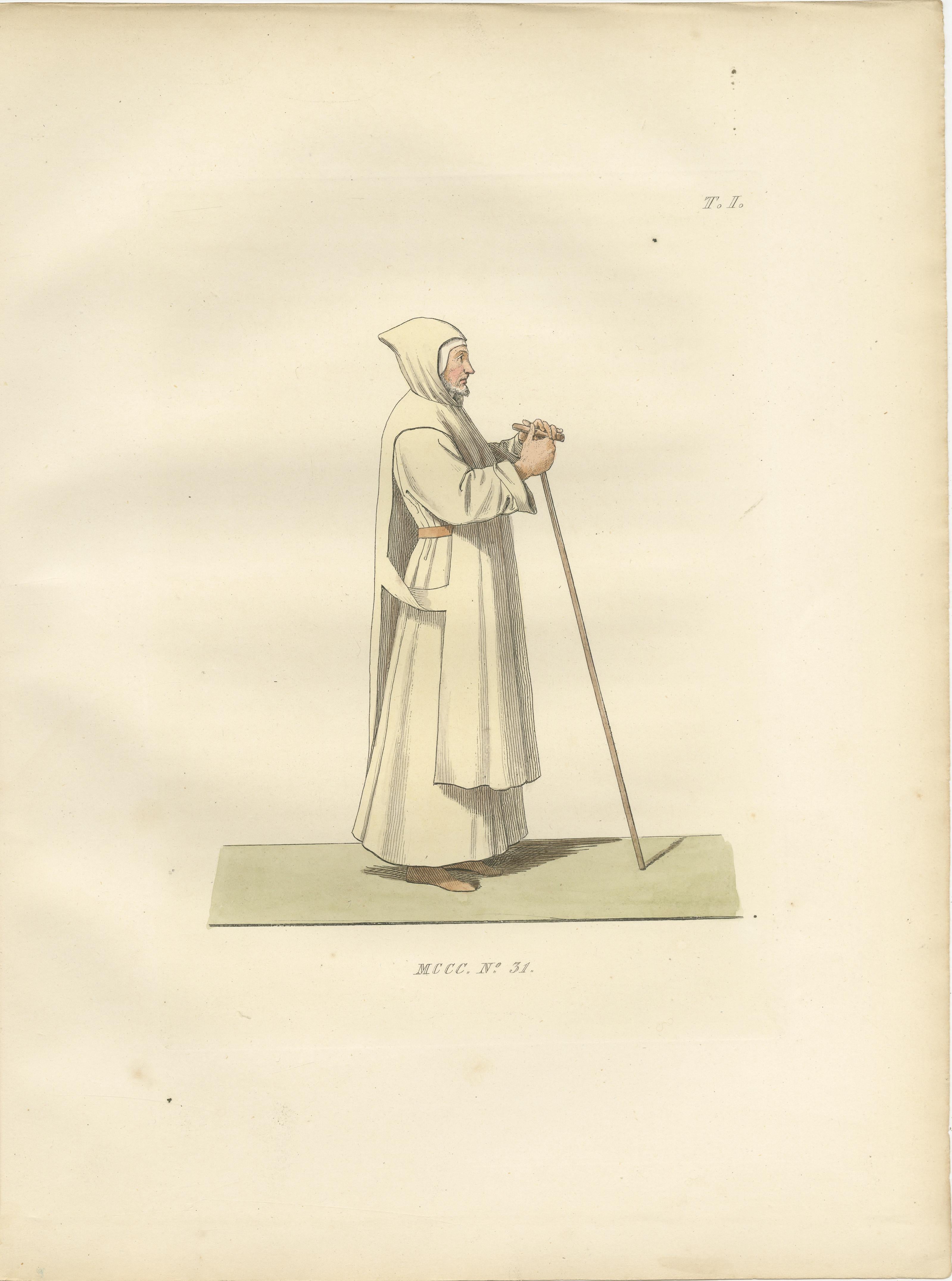 French Knights and Devotion: Rhodes Knight, Monk, and Artist in Costume, Engraving 1845 For Sale
