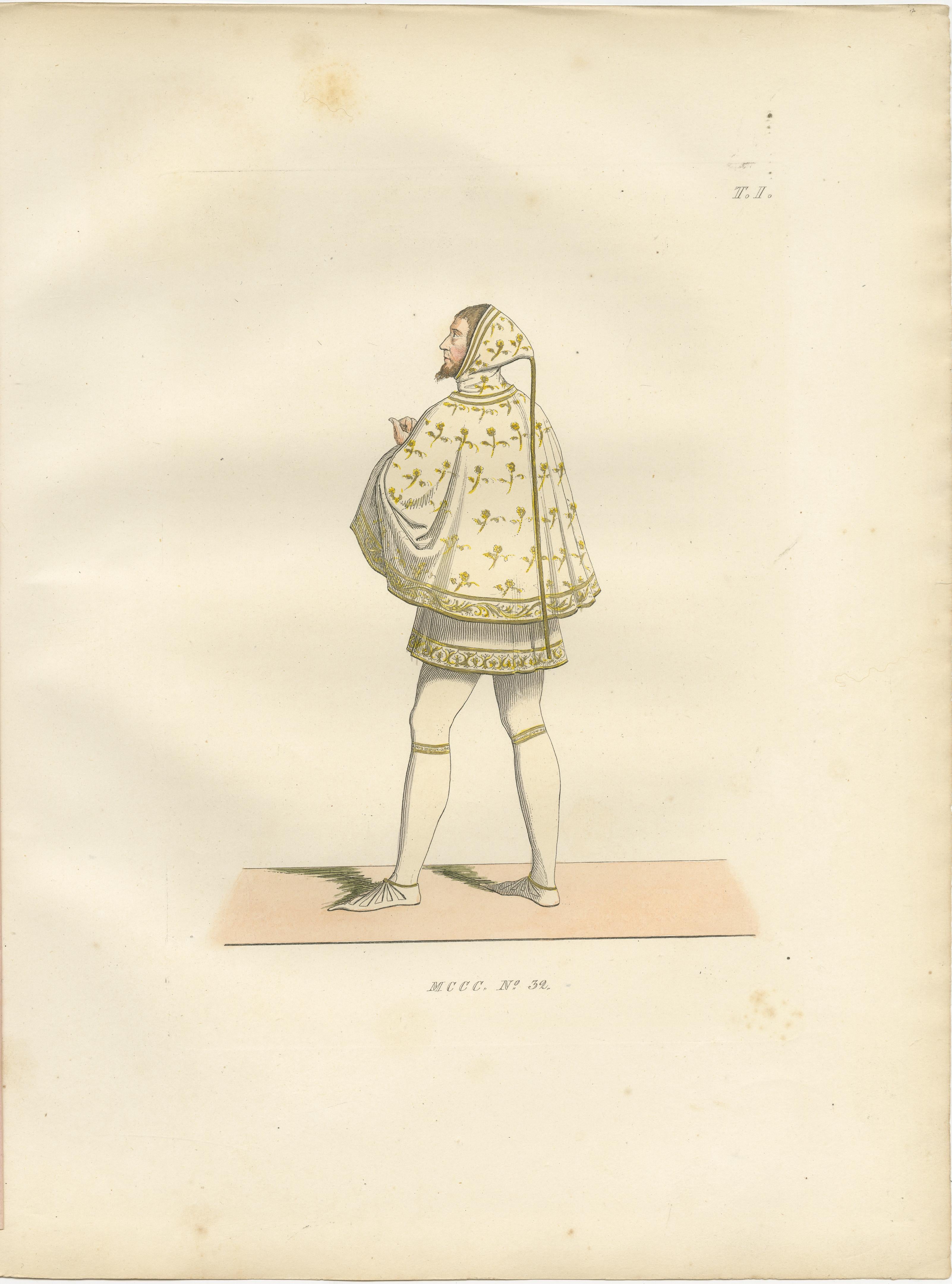 Engraved Knights and Devotion: Rhodes Knight, Monk, and Artist in Costume, Engraving 1845 For Sale