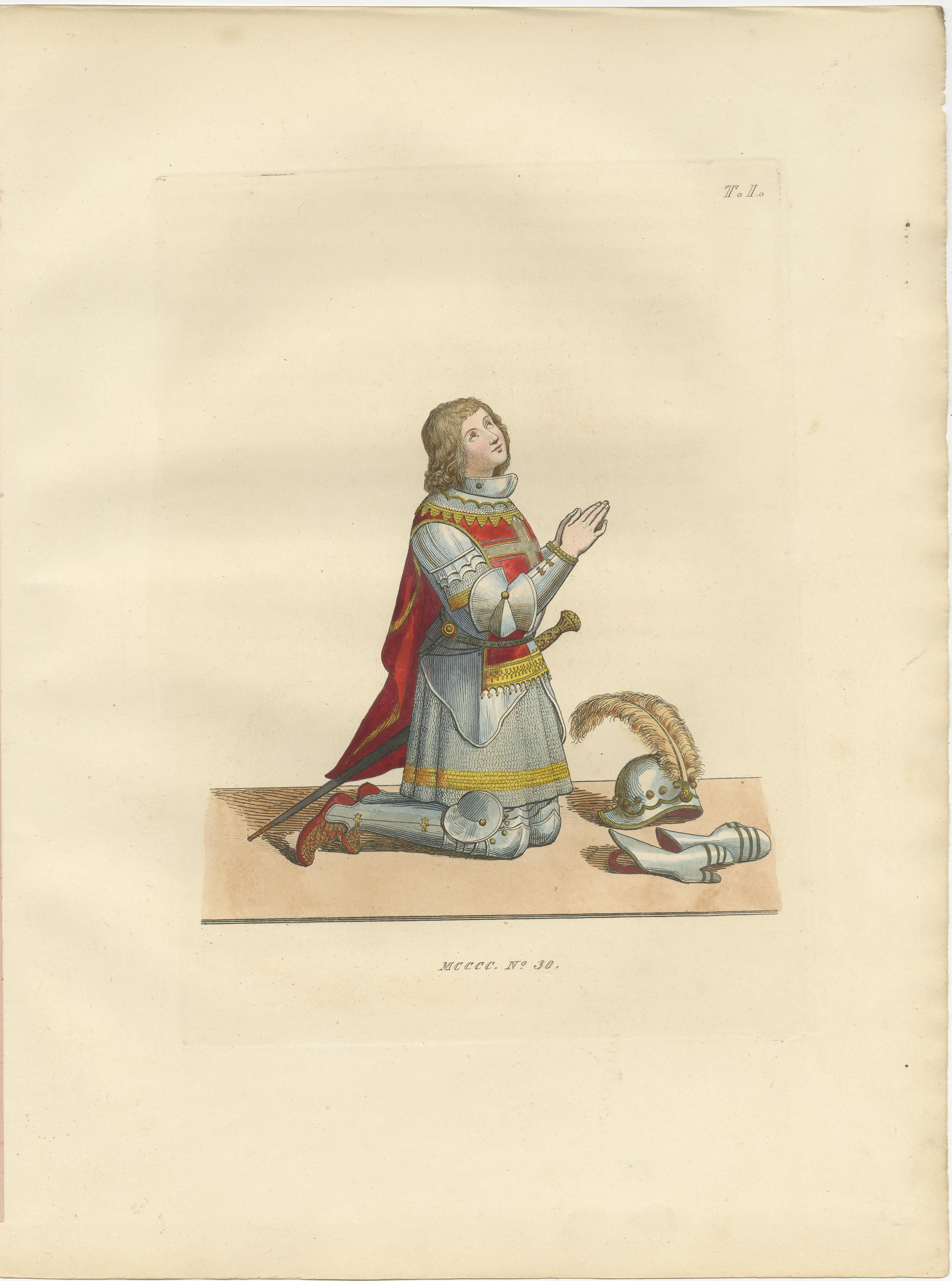 Paper Knights and Devotion: Rhodes Knight, Monk, and Artist in Costume, Engraving 1845 For Sale