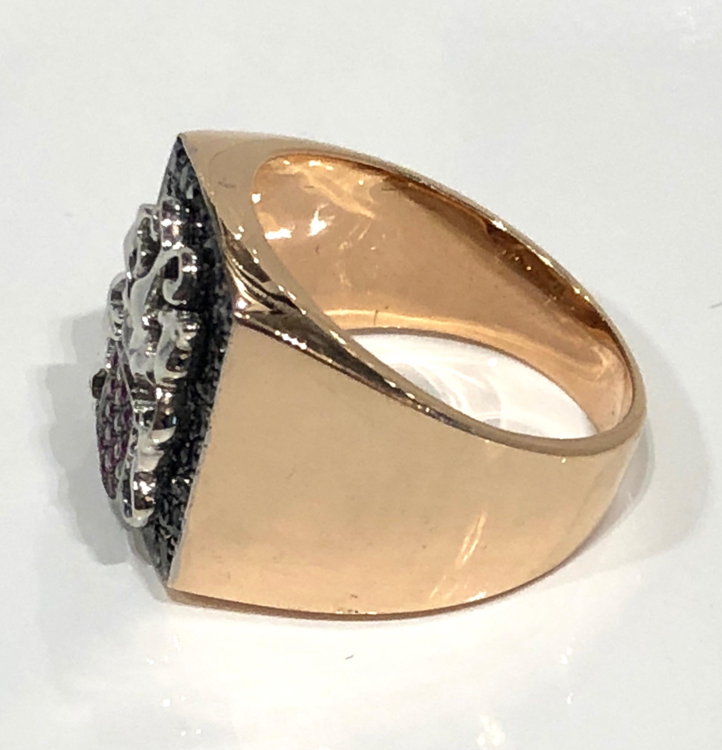 Unisex Signet Ring in 18k rose gold with black diamond pave set plateau with ruby and diamond shield detail 
Designed by Martyn Lawrence Bullard.
Available in any size, lead time 4 weeks
