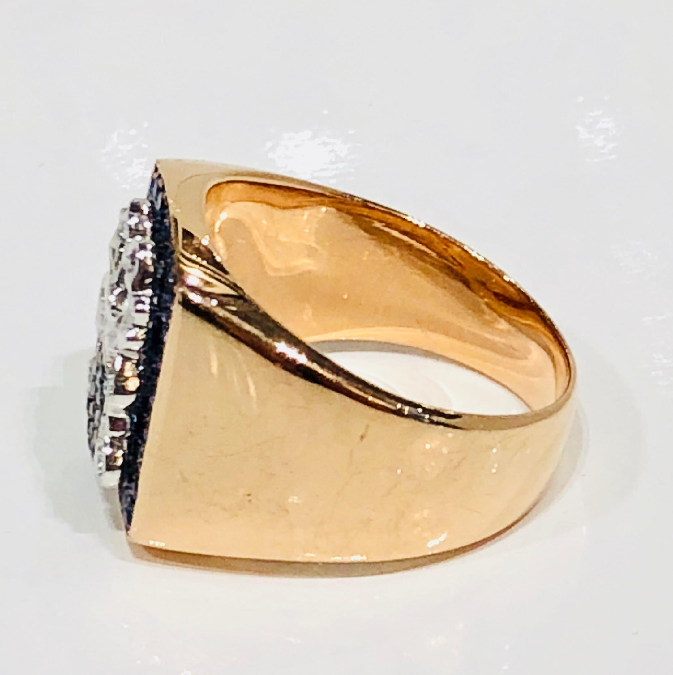 Unisex 18k rose gold Signet Ring with pave set sapphire plateau and black and white diamond set shield motif 
Designed by Martyn Lawrence Bullard
Can be make in any size, lead time 4 weeks