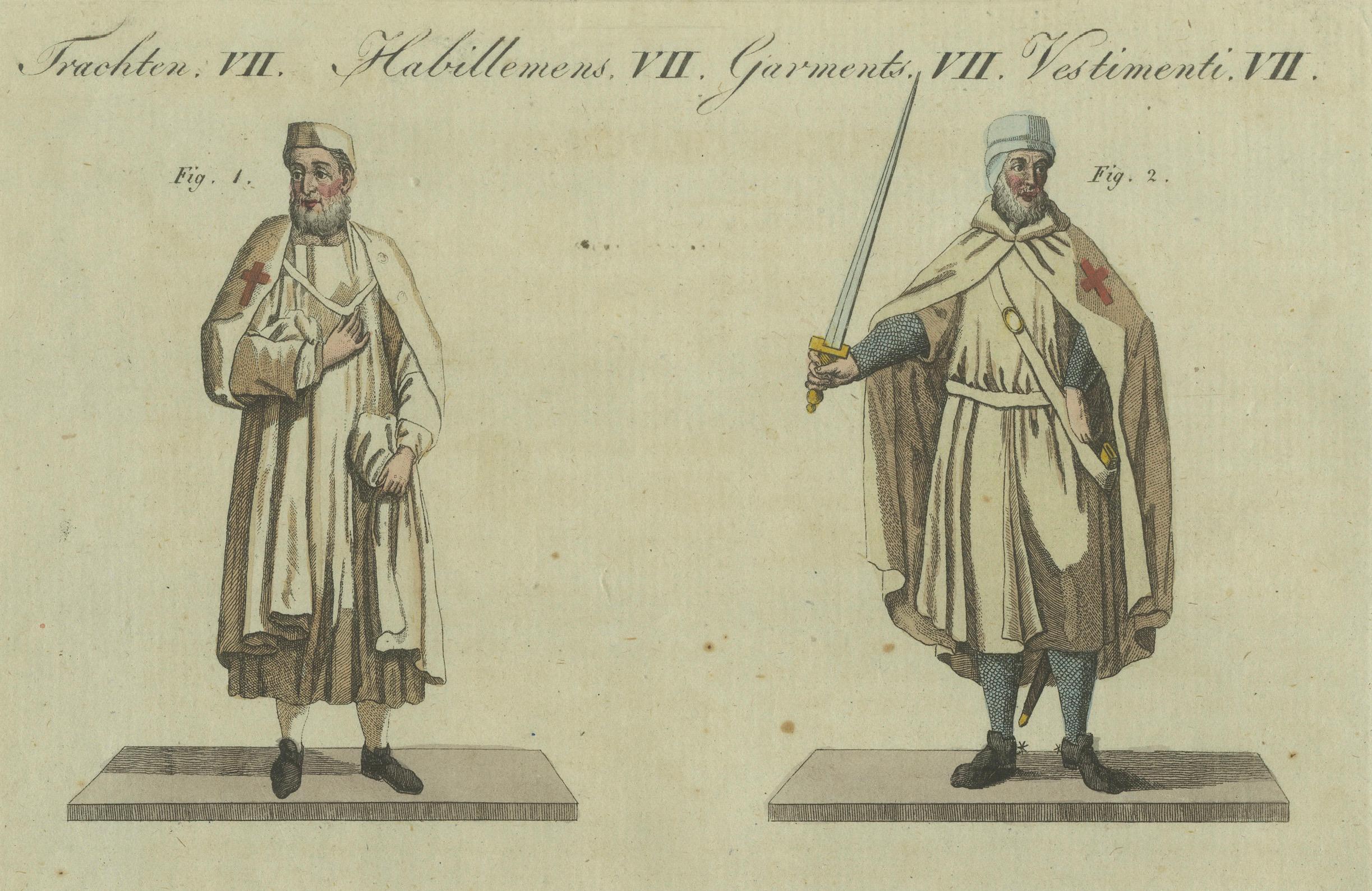 Knights Templar and Clergy: Handkolorierte Gravur eines historischen Attire (1805) (Frühes 19. Jahrhundert) im Angebot