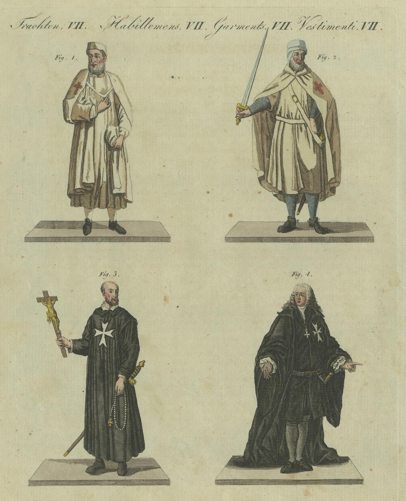 Knights Templar and Clergy: Handkolorierte Gravur eines historischen Attire (1805) (Papier) im Angebot