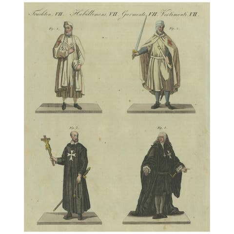 Knights Templar and Clergy: Hand-Colored Engraving of Historical Attire (1805)