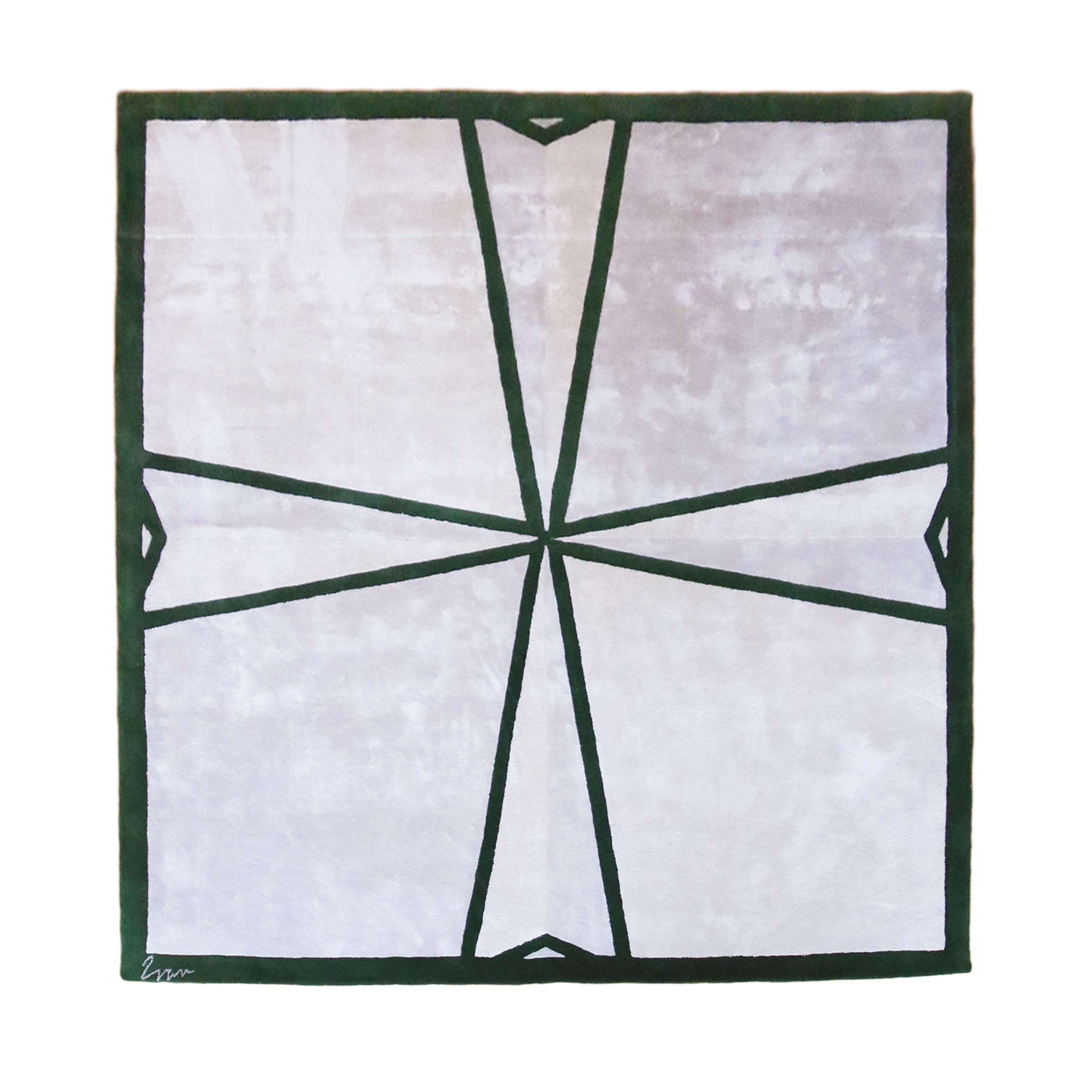 Hand-Carved Square Rug Green And Ivory, Contemporary Design, Hand-Tufted For Sale