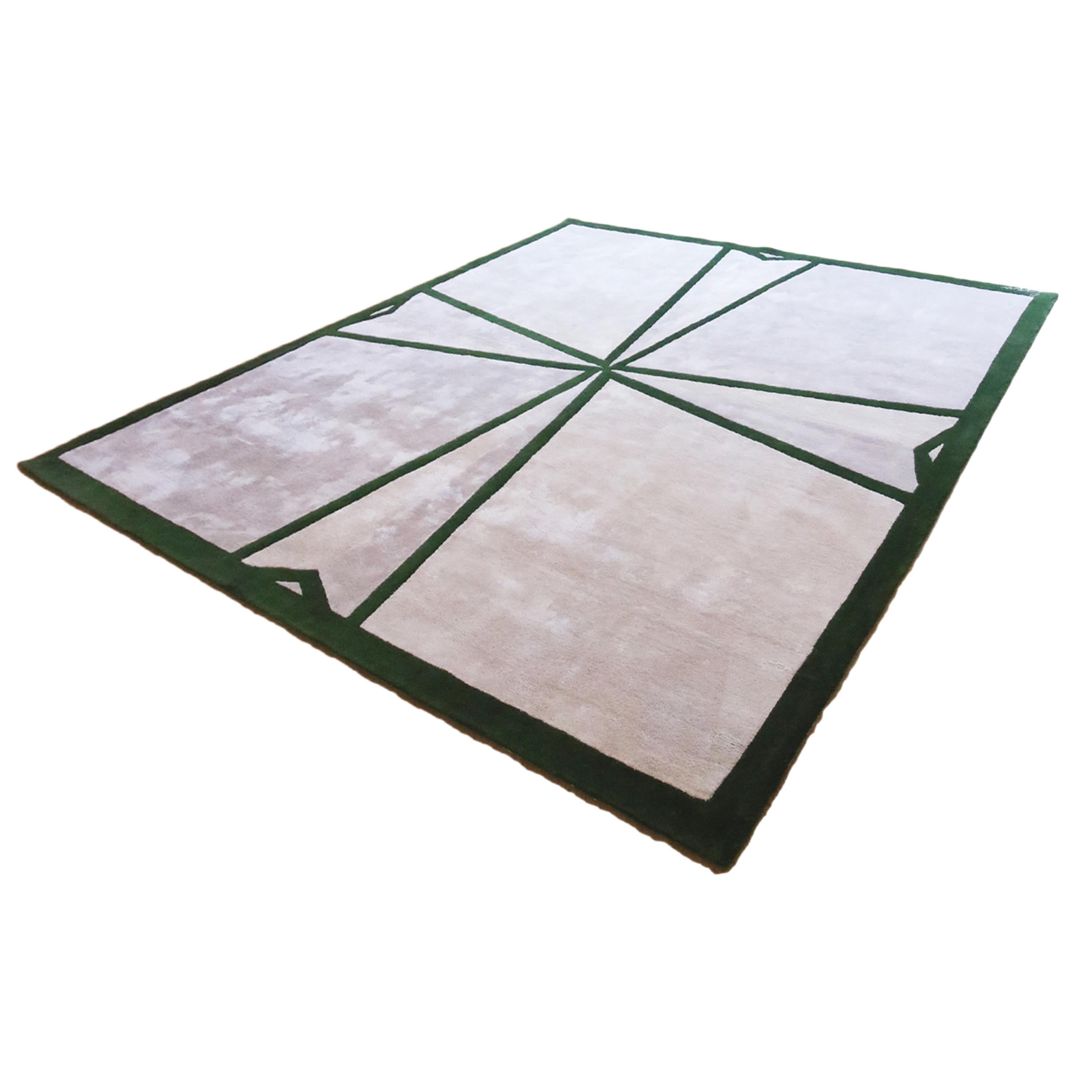 Square Rug Green And Ivory, Contemporary Design, Hand-Tufted In New Condition For Sale In London, GB