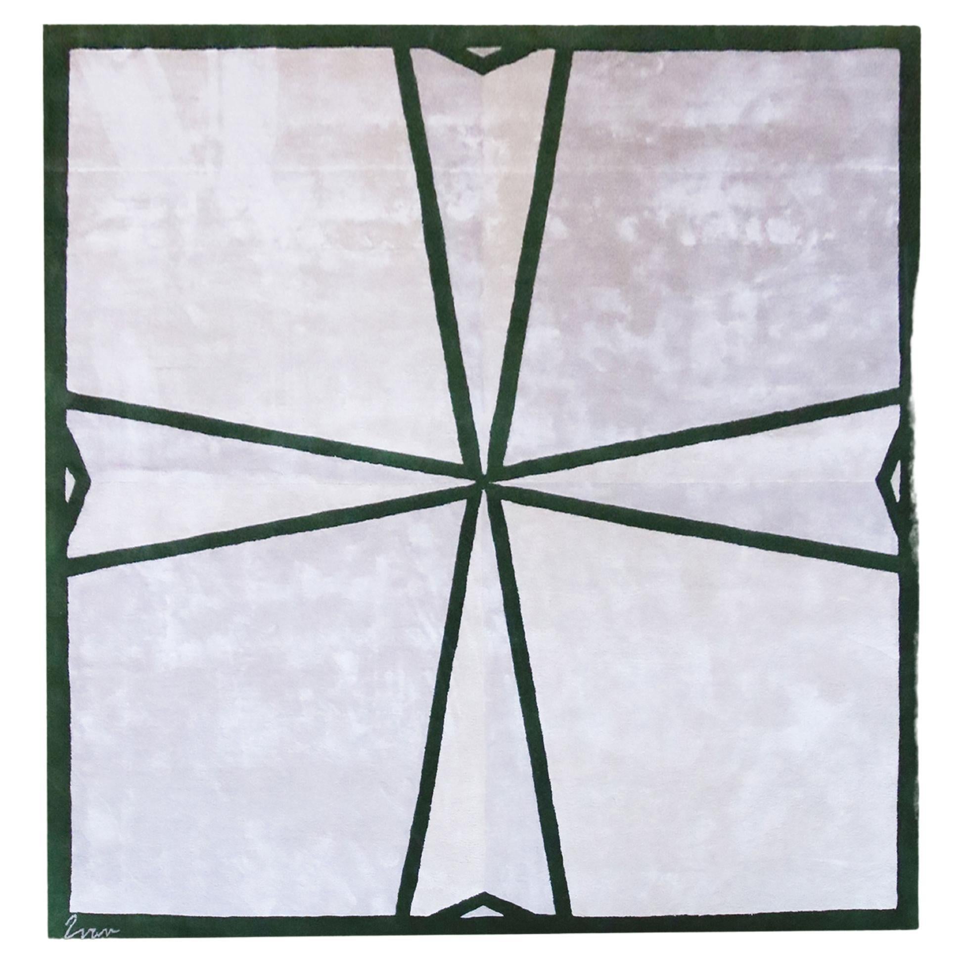 Quadratischer Teppich Grün und Elfenbein, Contemporary Design, handgetuftet im Angebot