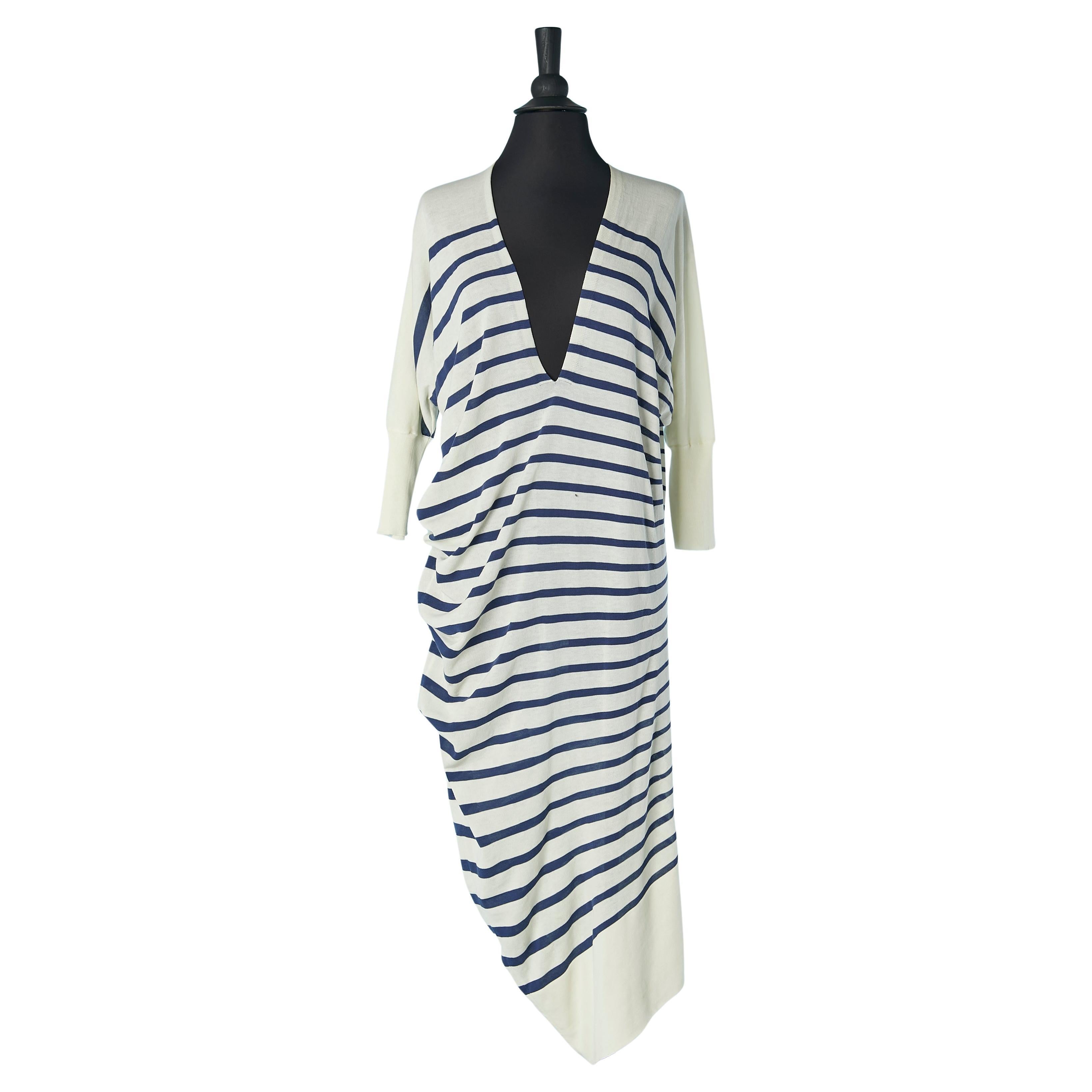 Knit cotton striped draped asymmetrical dress Jean-Paul Gaultier For Sale