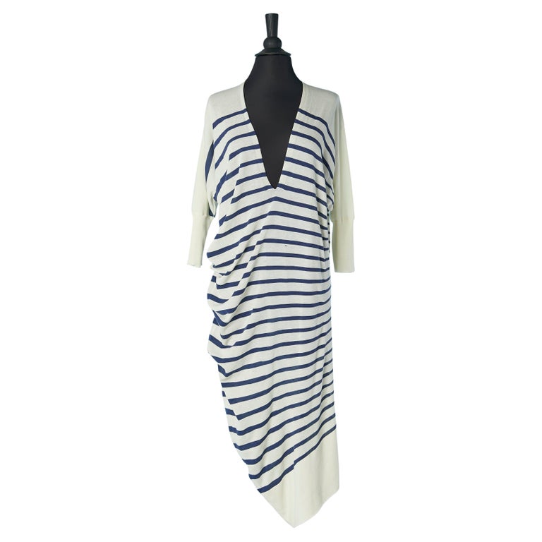 blue and white striped asymmetrical dress BLUE AND WHIITE STRIPES PLEATED ASYMMETRIC DRESS