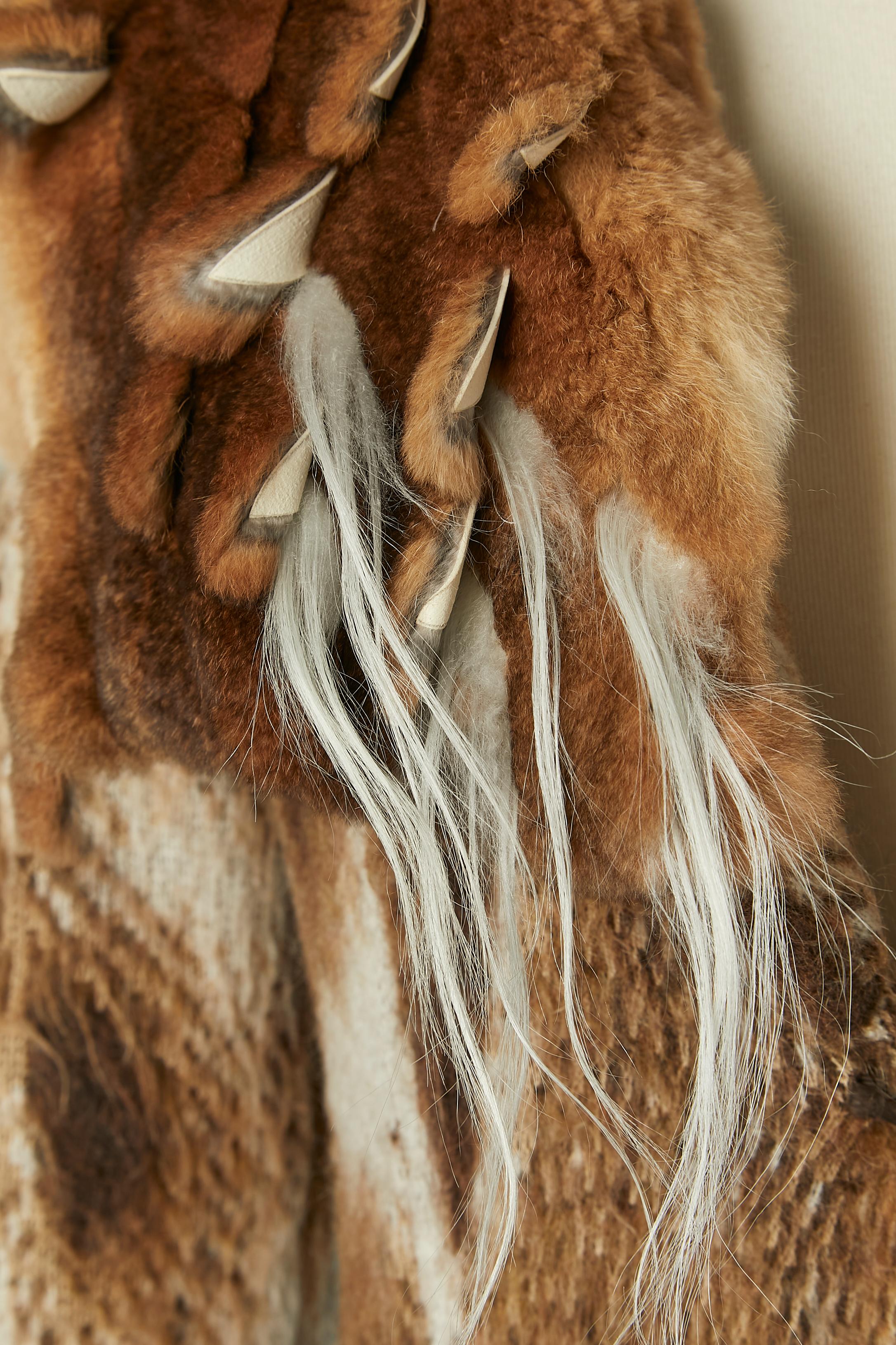 Brown Knit jacquard coat with animal pattern and fur collar CLASS ROBERTO CAVALLI