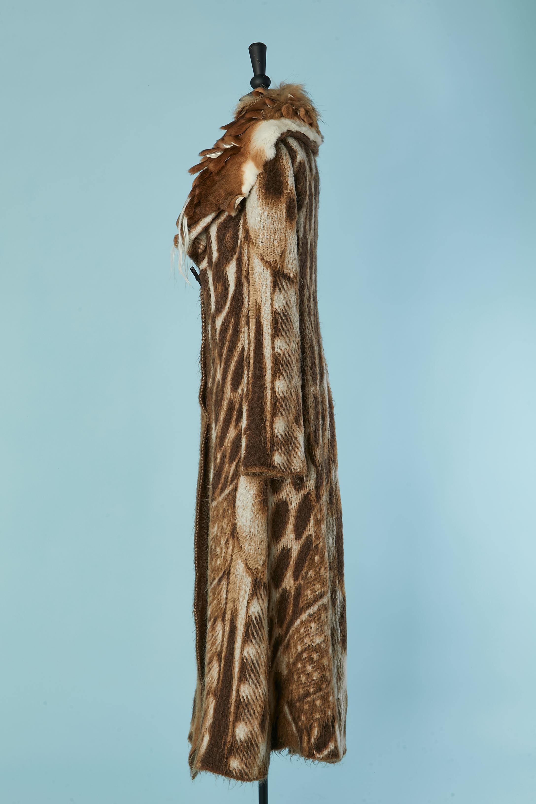 Women's Knit jacquard coat with animal pattern and fur collar CLASS ROBERTO CAVALLI