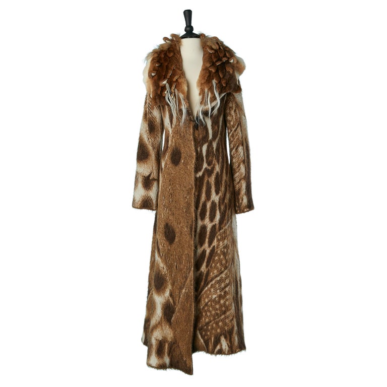 Knit jacquard coat with animal pattern and fur collar CLASS ROBERTO CAVALLI