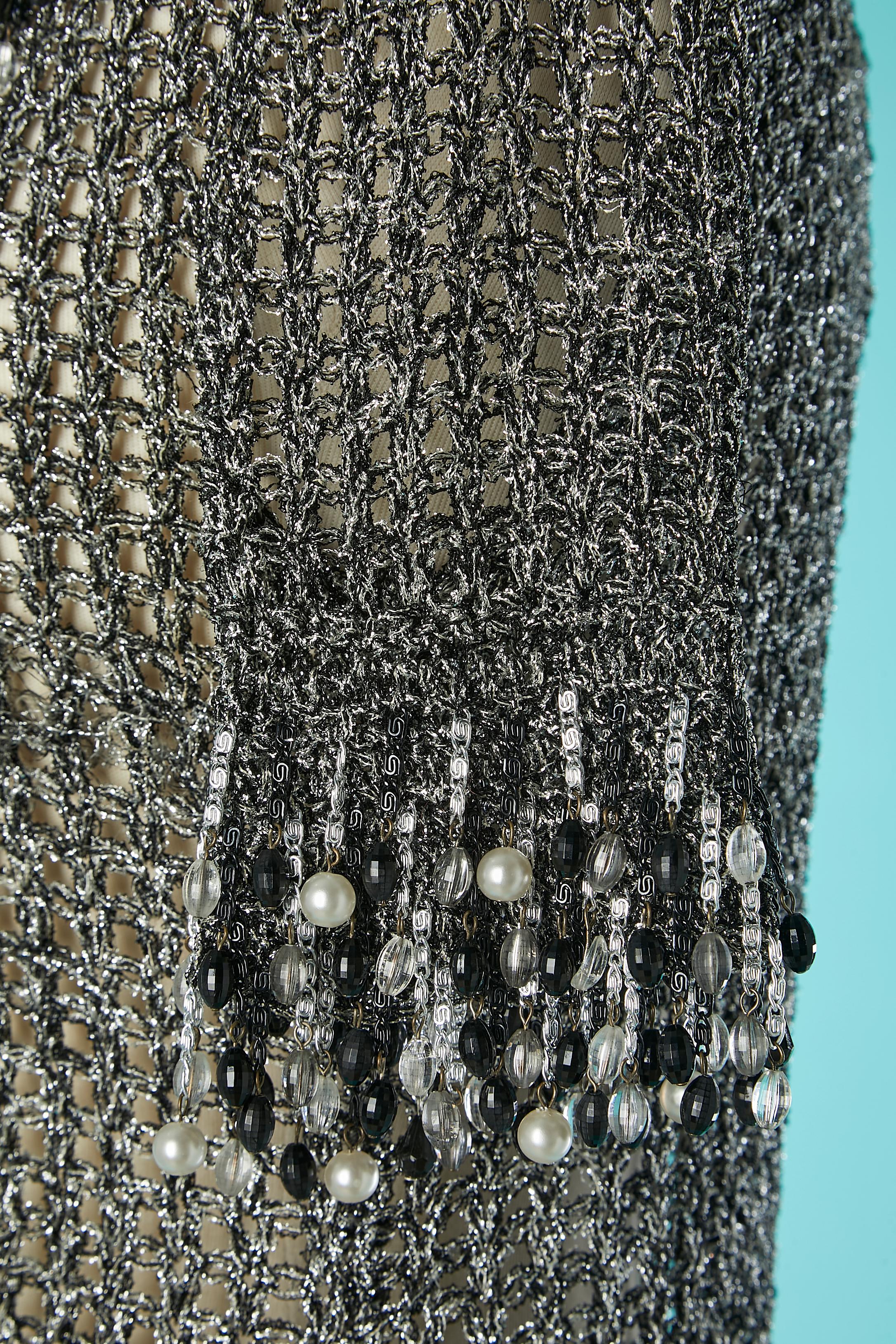 Knit silver lurex cardigan with beaded edge and chains Loris Azzaro Paris  In Excellent Condition For Sale In Saint-Ouen-Sur-Seine, FR