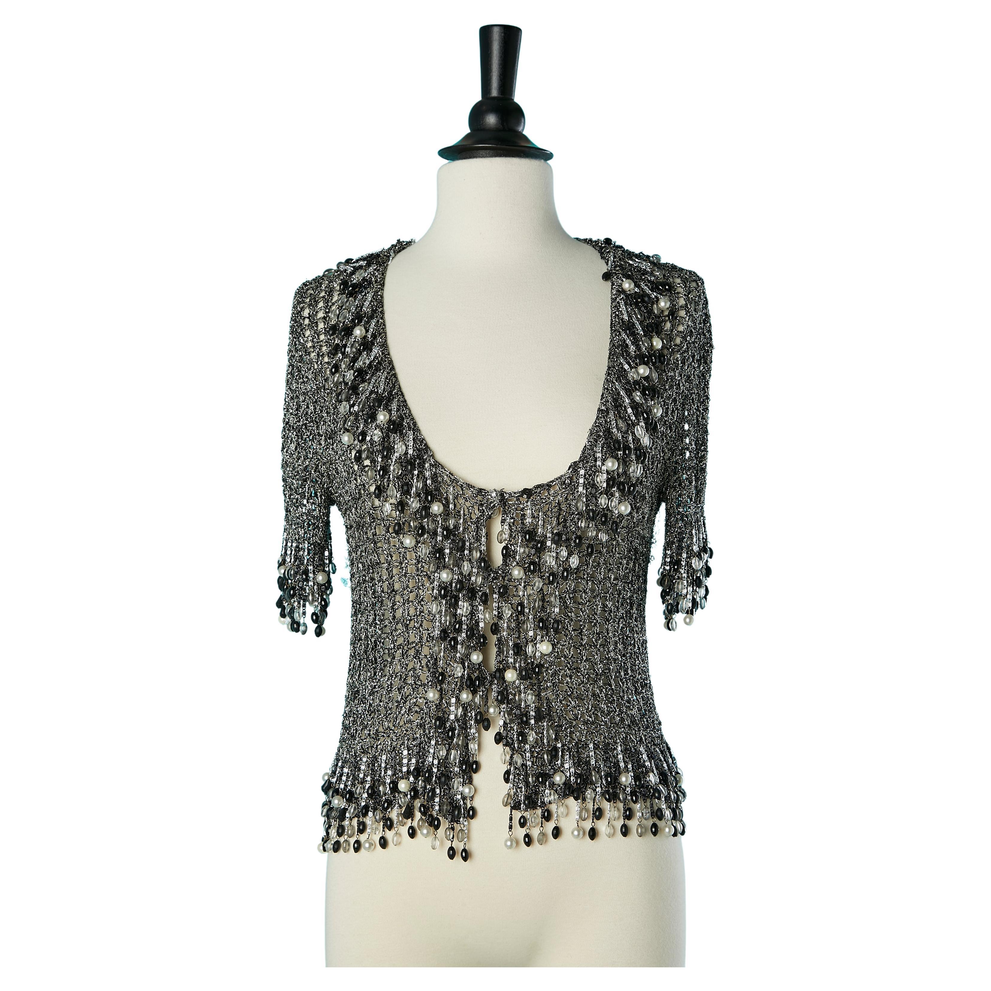 Knit silver lurex cardigan with beaded edge and chains Loris Azzaro Paris 
