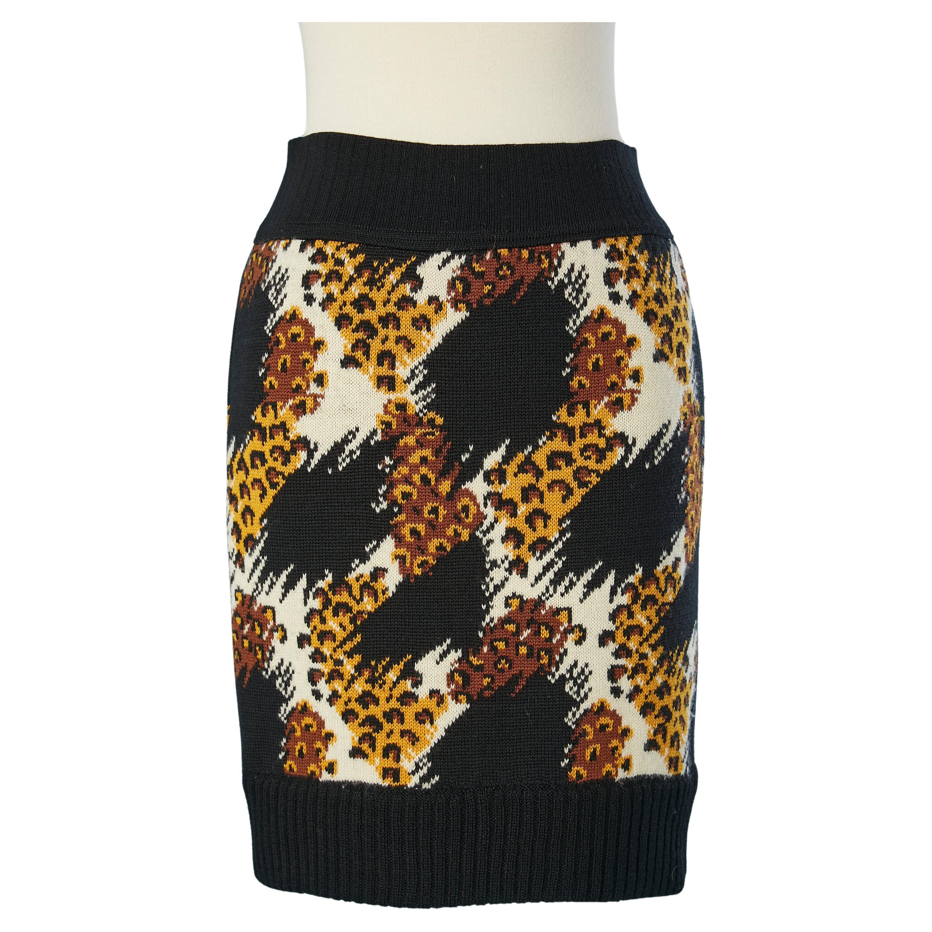 Knit wool jacquard skirt with animal pattern Yves Saint Laurent Rive Gauche  For Sale