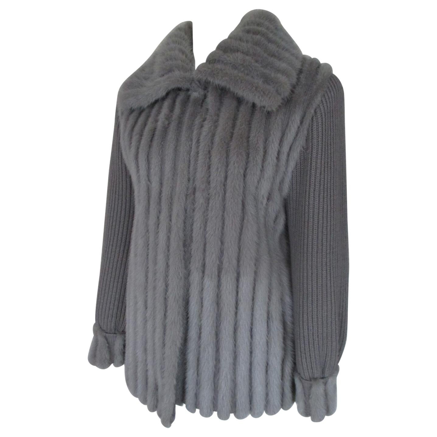 Knitted Wool Grey Blue Mink Fur Coat Vest For Sale