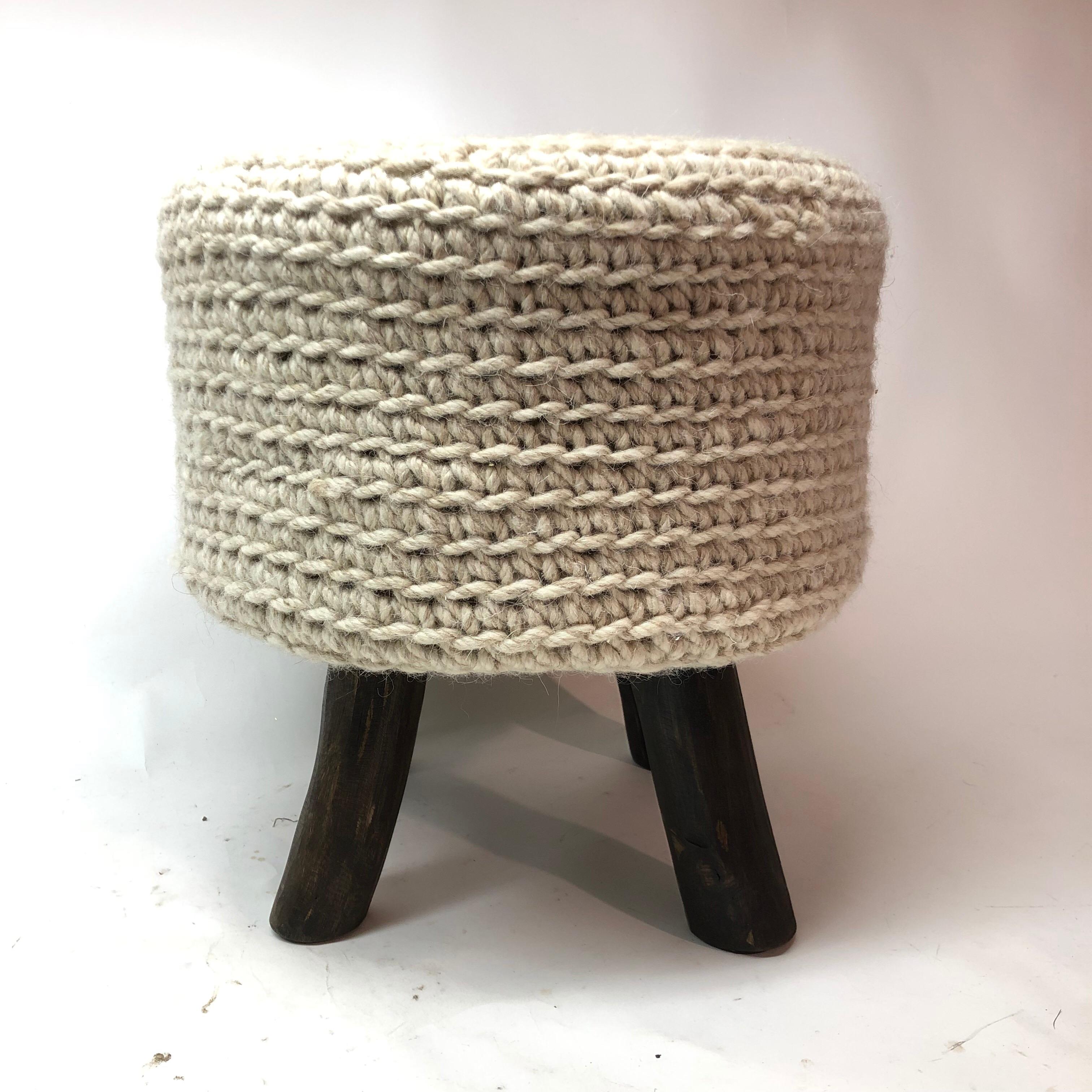 Wool Knitted Stool with Wood Legs