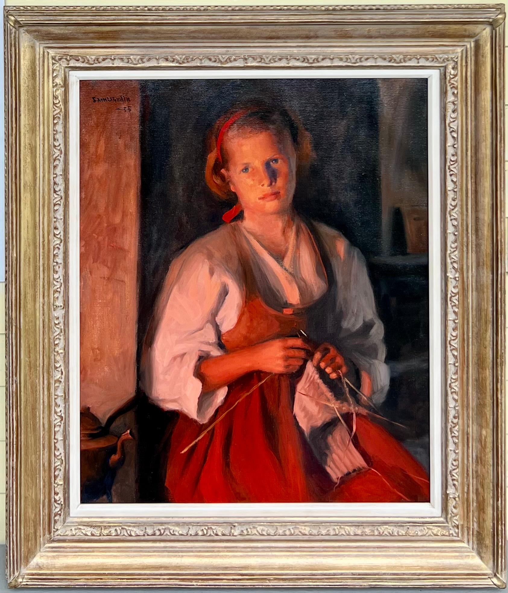 Oil on canvas, signed and dated in the upper left and inscribed on the reverse. 
Painting features a Swedish girl knitting by the fire. The work has a lovely warm feel to it. 

Sam Uhrdin (Swedish School, 1886-1964)

Sam Uhrdin was born in 1886
