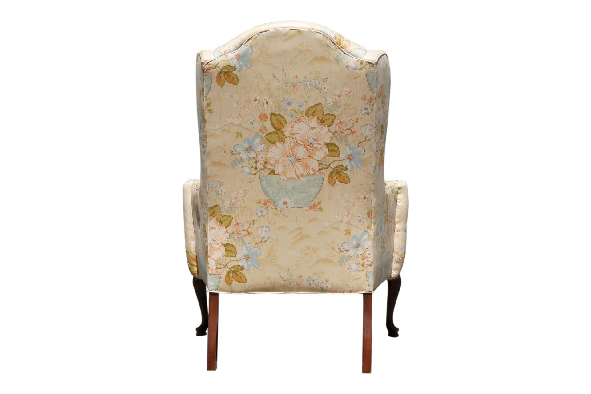 Queen Anne Knob Creek Floral Wingback Chairs, a Pair
