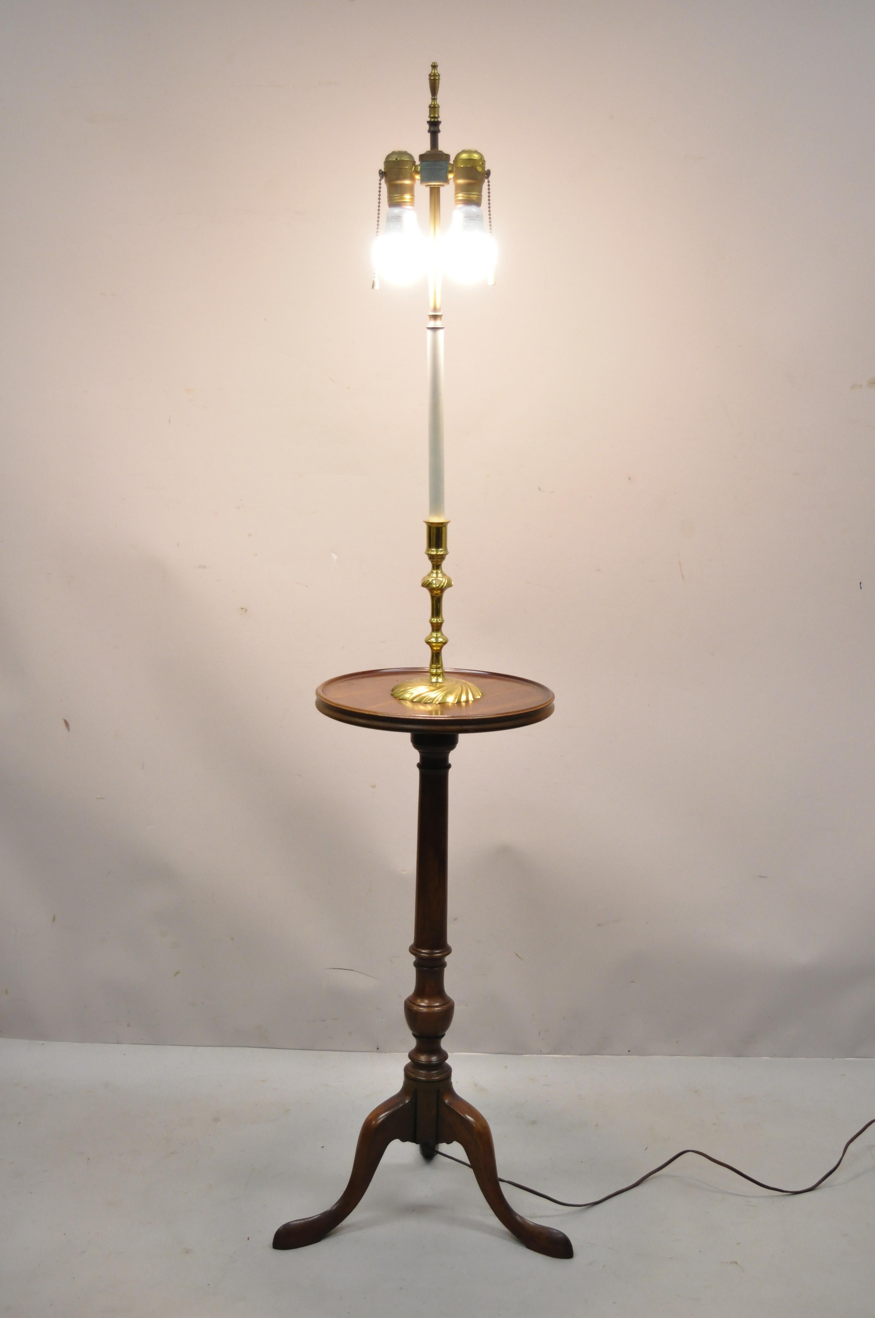 Knob Creek of Morganton cherry wood brass candlestick floor lamp side table. Item features solid brass 