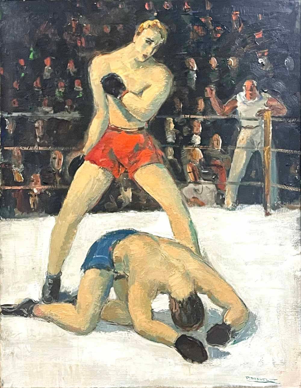 This dramatic depiction of two boxers in the ring, with the winning boxer standing over his opponent after a knockout, was painted by Paul Daxhelet in 1936, possibly at the Berlin Olympics. Daxhelet is mostly known for his scenes from Africa in