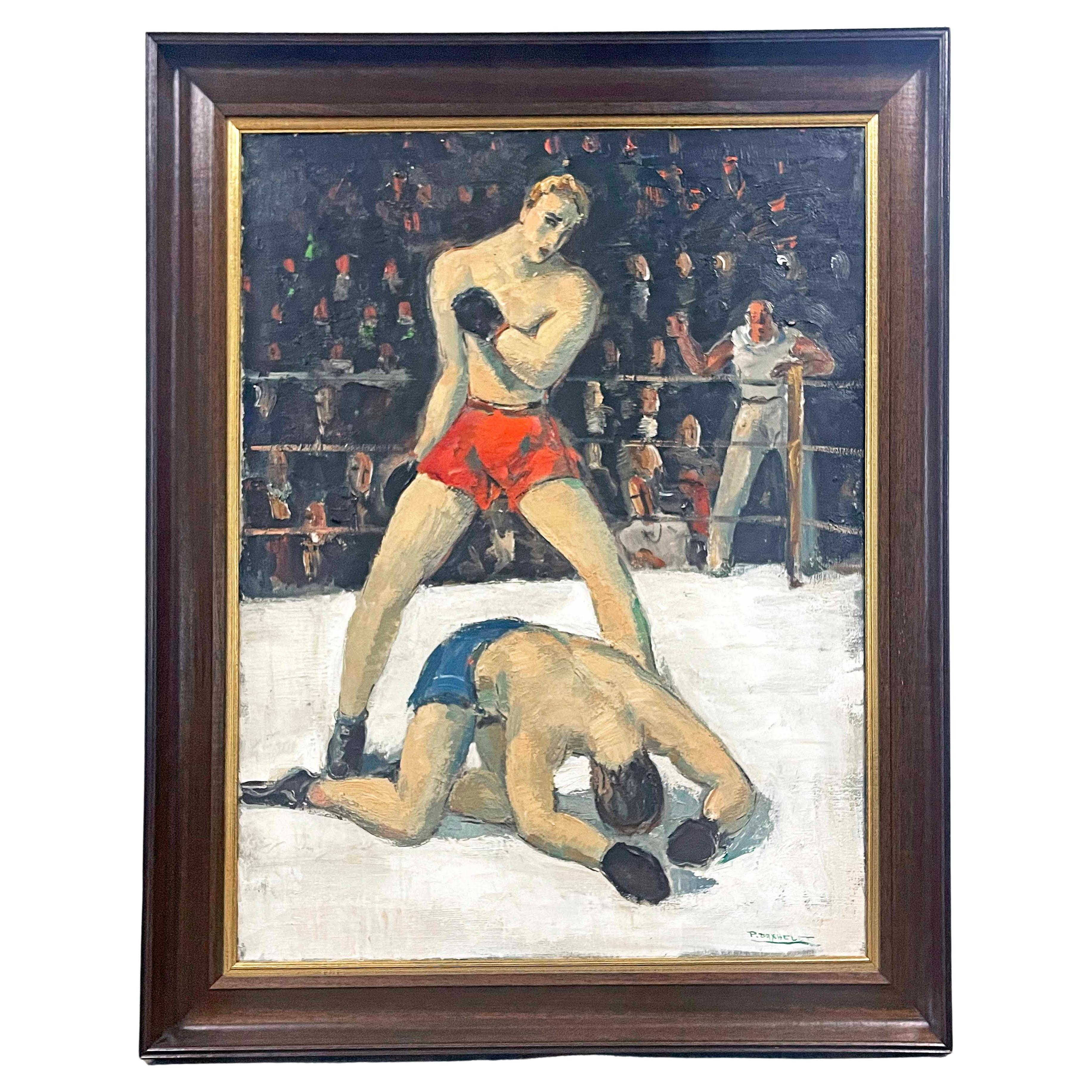 "Knockout, " Dramatic Art Deco Painting of Boxers, Possibly 1936 Olympics