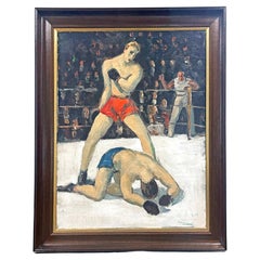 Vintage "Knockout, " Dramatic Art Deco Painting of Boxers, Possibly 1936 Olympics