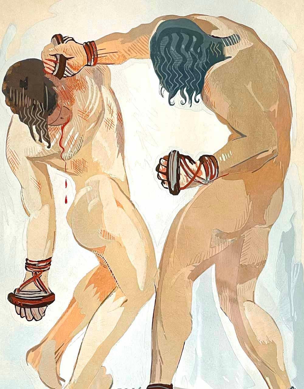 Cette superbe représentation de deux boxeurs masculins nus au plus fort de leur combat, l'un mettant l'autre KO, a été peinte par François-Louis Schmied, l'un des deux principaux artistes français spécialisés dans la conception et l'illustration de