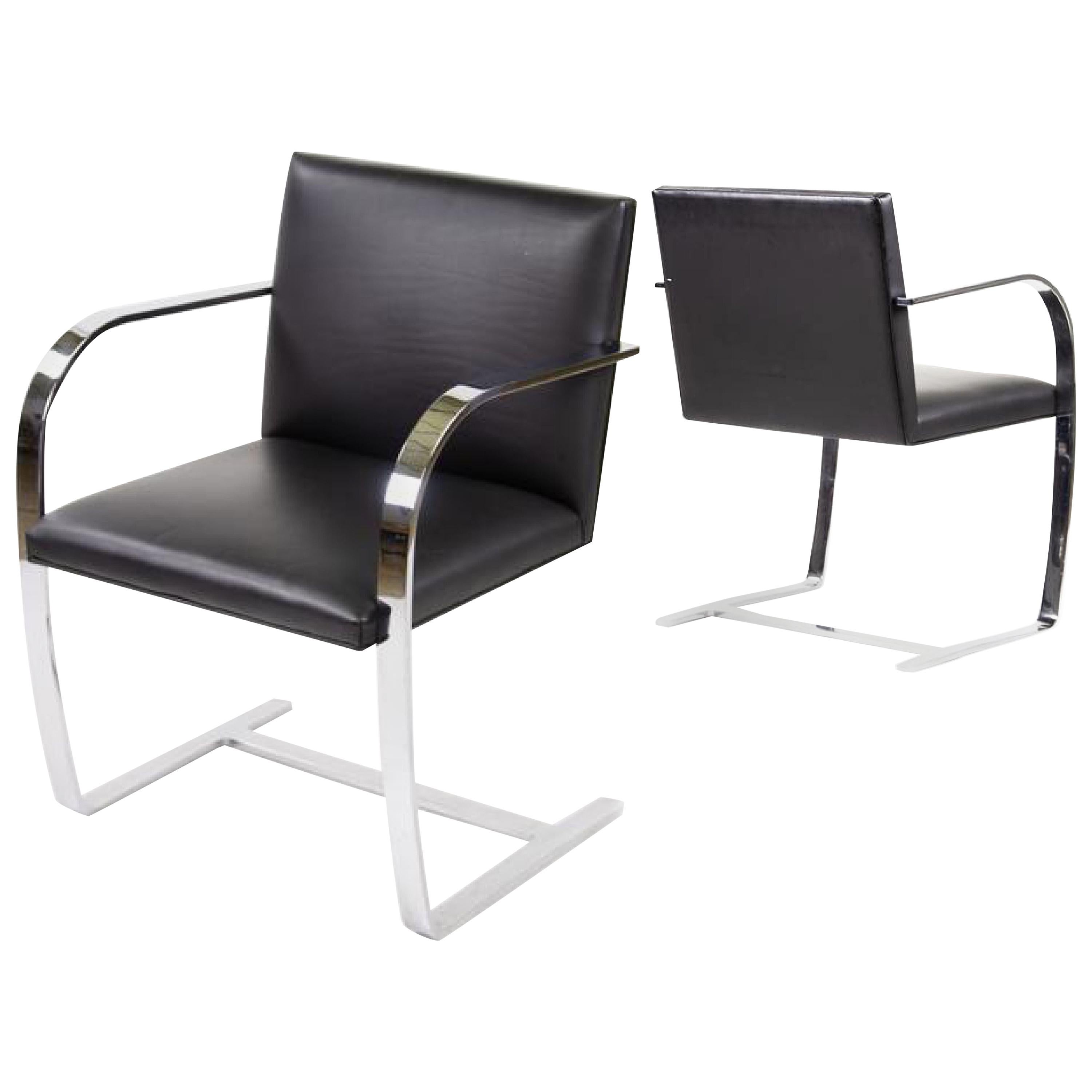 Knoll 255-304 Stainless Brno Chair, Flat Bar, Mies van der Rohe, Black leather