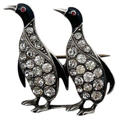 Knoll and Pregizer c.1920 Silver and Paste Vintage Penguins Brooch
