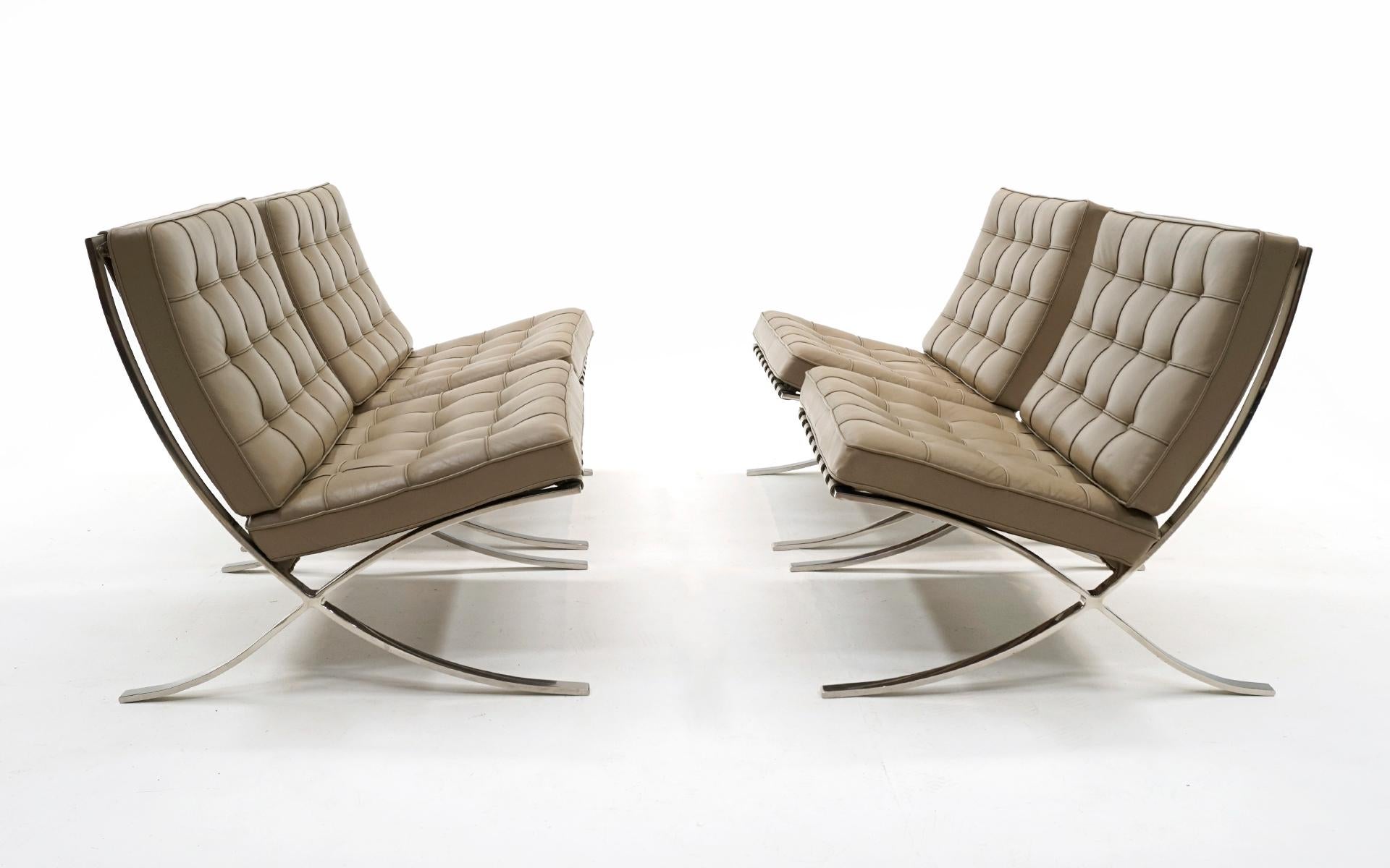 Four available. Price is for each. Beautiful set of Barcelona Chairs designed by Ludwig Mies van der Rohe and produced by Knoll. Each example is signed with the impressed Knoll Studio markings. Greige / Taupe / gray / grey / beige / tan leather.