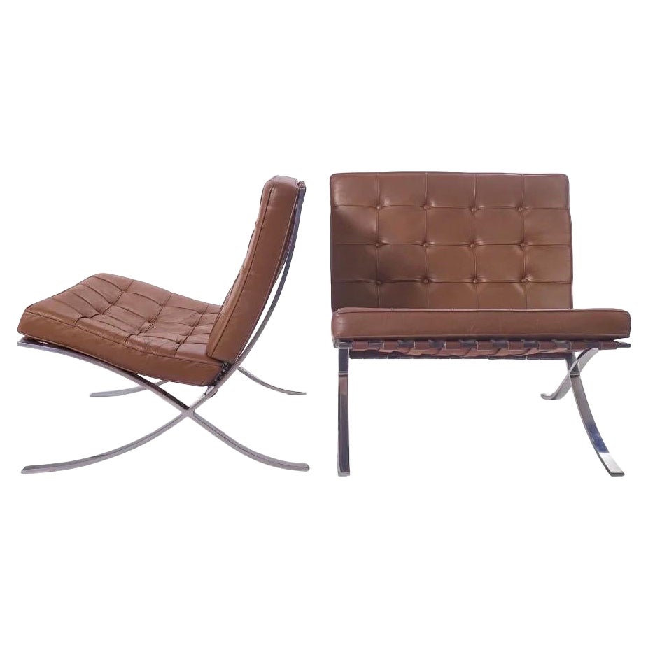 Knoll Barcelona Chairs in Original Cognac Leather ~ a Pair For Sale