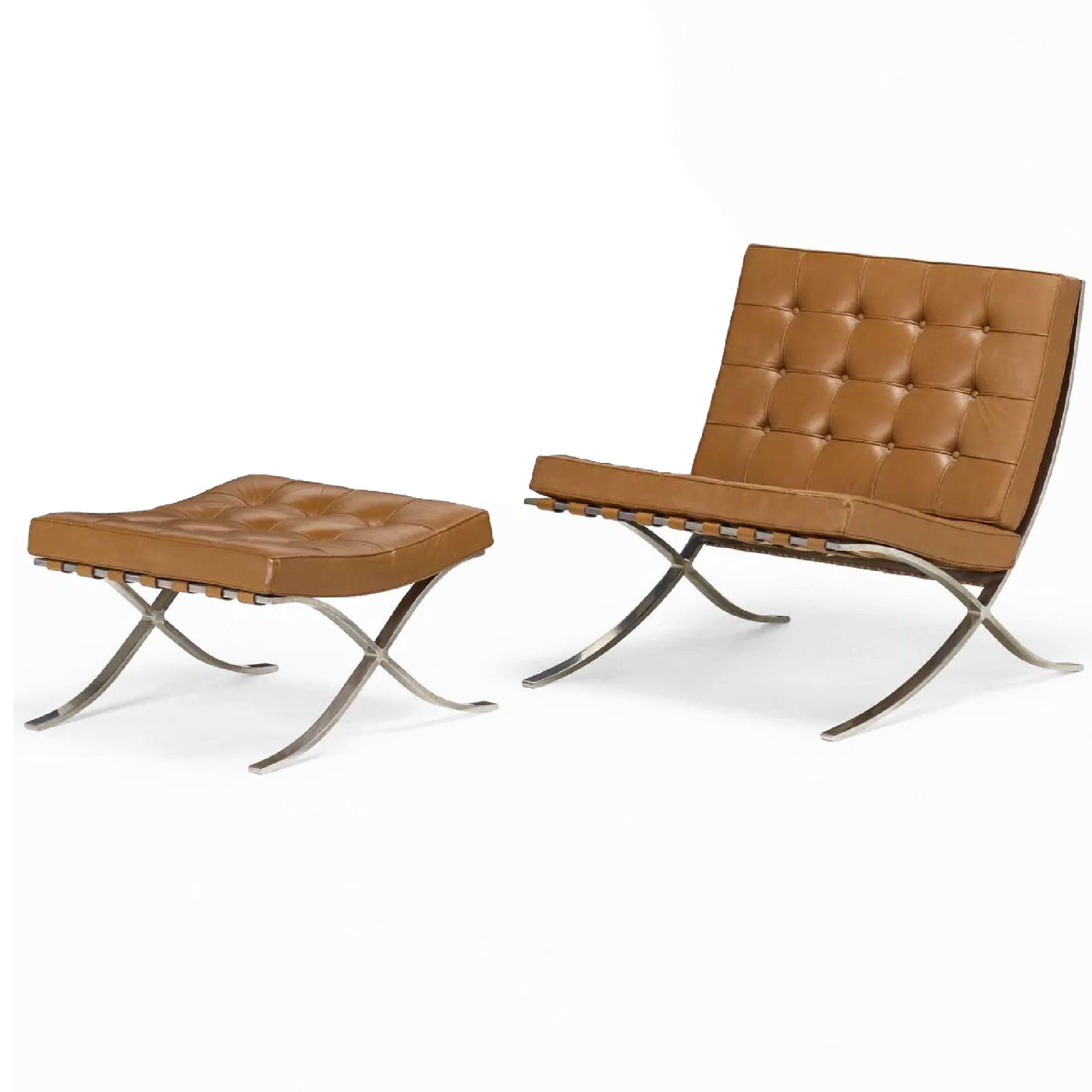 Mid-Century Modern Knoll Barcelona Chestnut Lounge Chair & Ottoman Set of 3 Mies van der Rohe 1960s