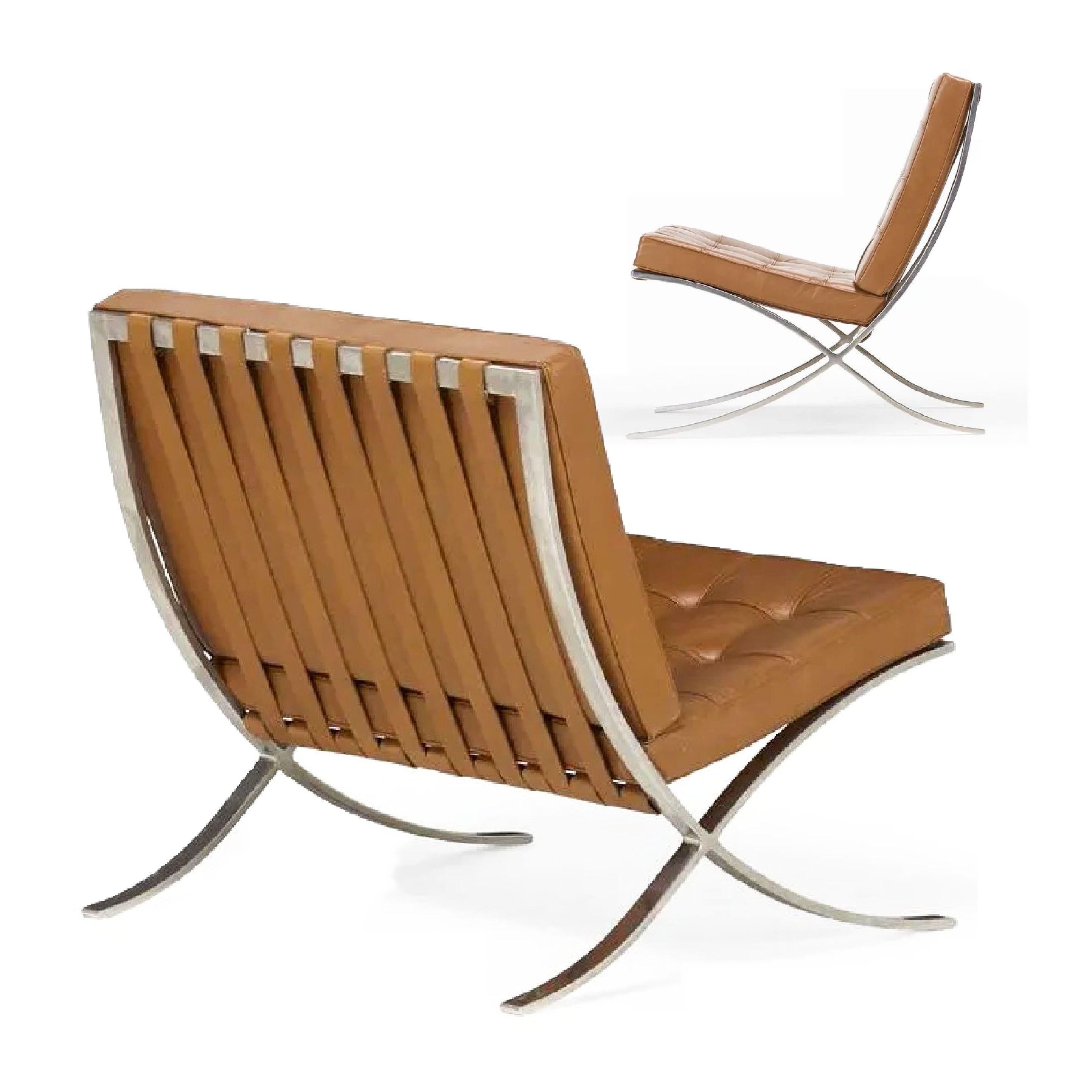 American Knoll Barcelona Chestnut Lounge Chair & Ottoman Set of 3 Mies van der Rohe 1960s