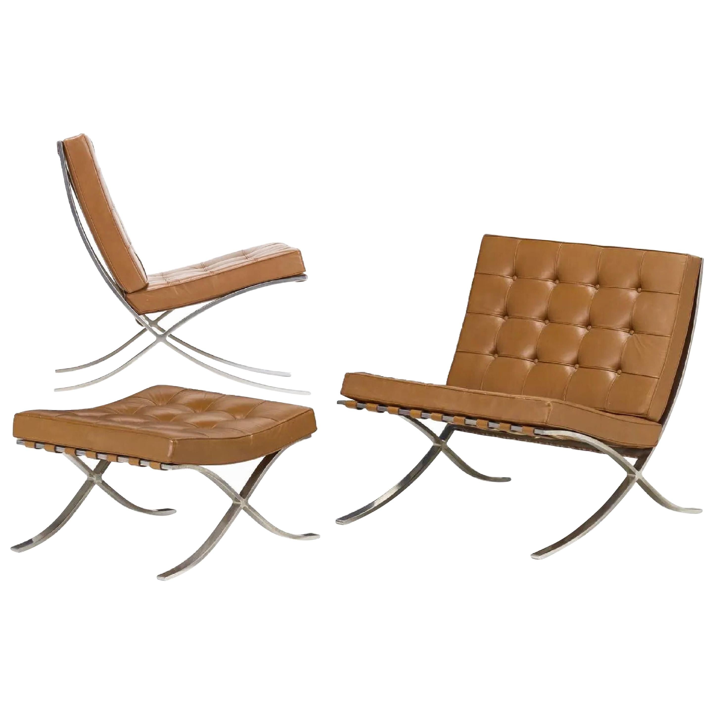 Knoll Barcelona Chestnut Lounge Chair & Ottoman Set of 3 Mies van der Rohe 1960s