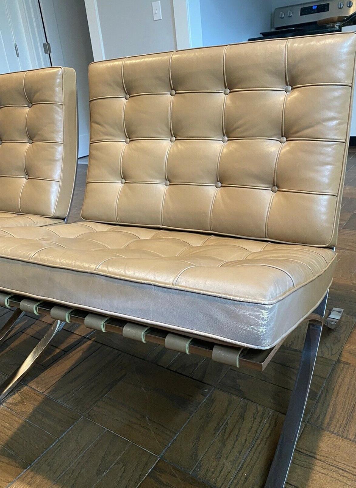 Knoll Barcelona lounge chair, stainless steel, Mies van der Rohe, circa early 1980s. Light chestnut / camel brown original leather, very rare, straps in-tact, Labelled. Listing and price listed is per single chair. MSRP for current production in
