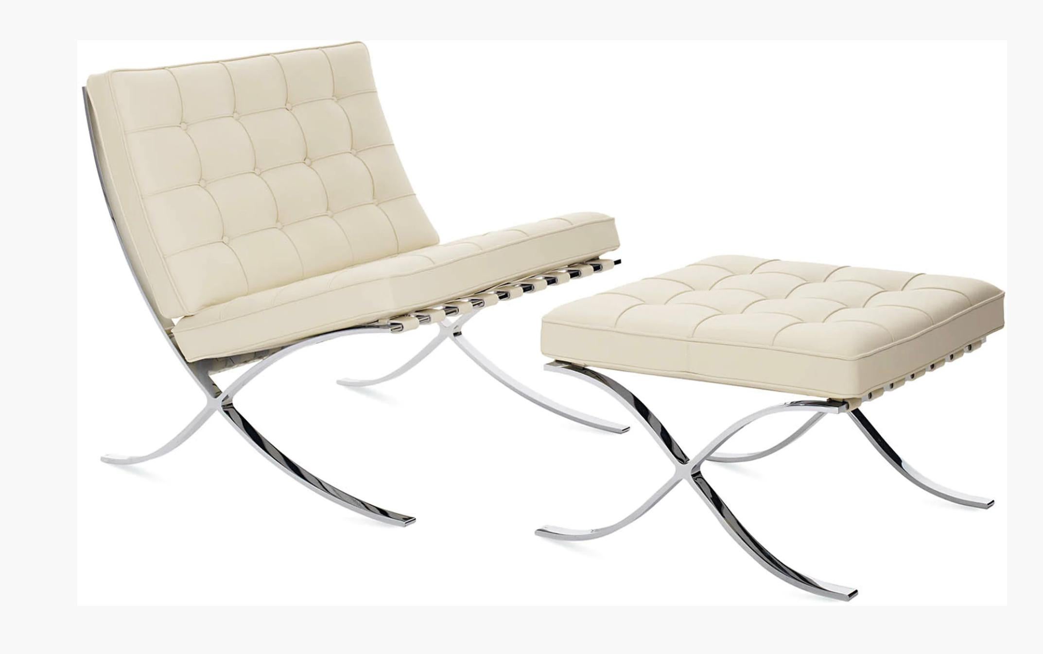 Knoll Barcelona lounge chair, ivory leather, Mies van der Rohe. Labelled. Listing is for two chairs and one ottoman. 

One of the most recognized objects of the last century, and an icon of the modern movement, the Barcelona chair exudes a simple