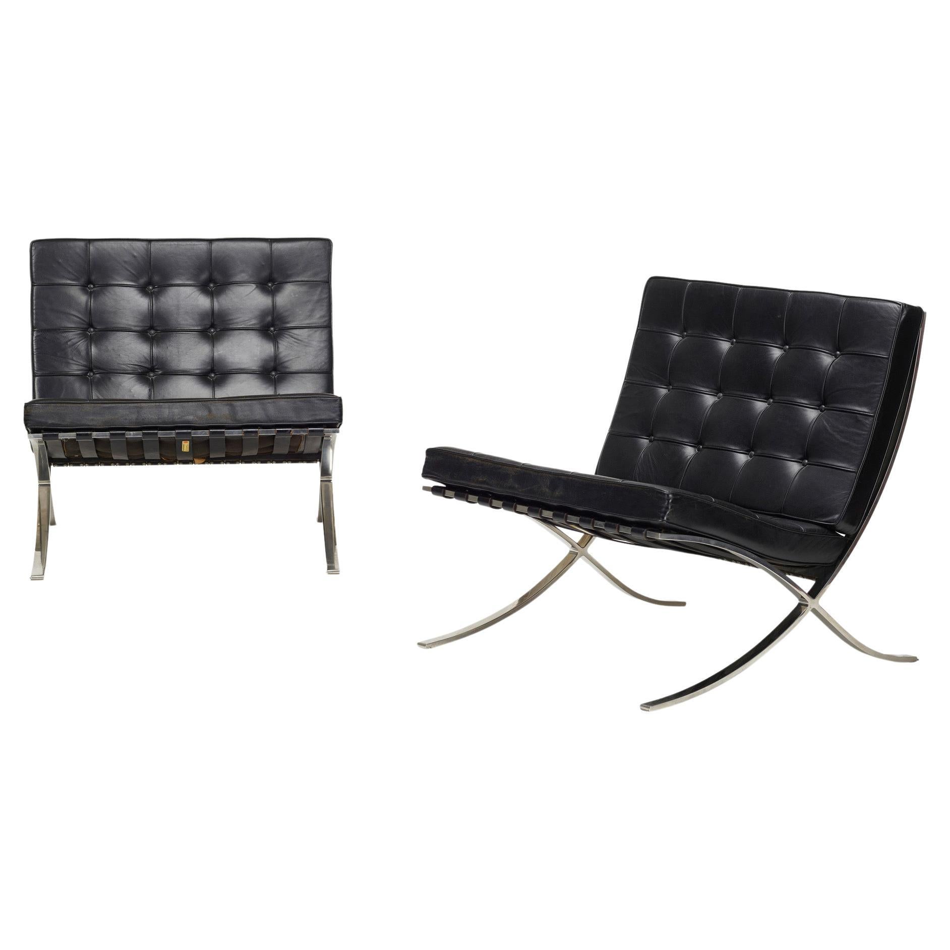 Knoll Barcelona lounge chair Mies van der Rohe, black leather, stainless, 1960s
Labelled, Knoll Associates, circa 1964
Stainless steel, black leather, all original. 
 Measures: 30 H × 30 W × 30 D in 
Listing is for single lounge chair. Please