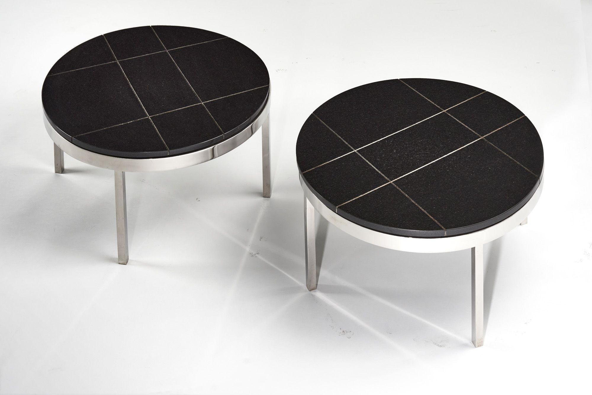 Knoll black granite and stainless steel side/end tables, 1980. Custom made for a Corporate Headquarters, top is incised with graphic grid pattern.