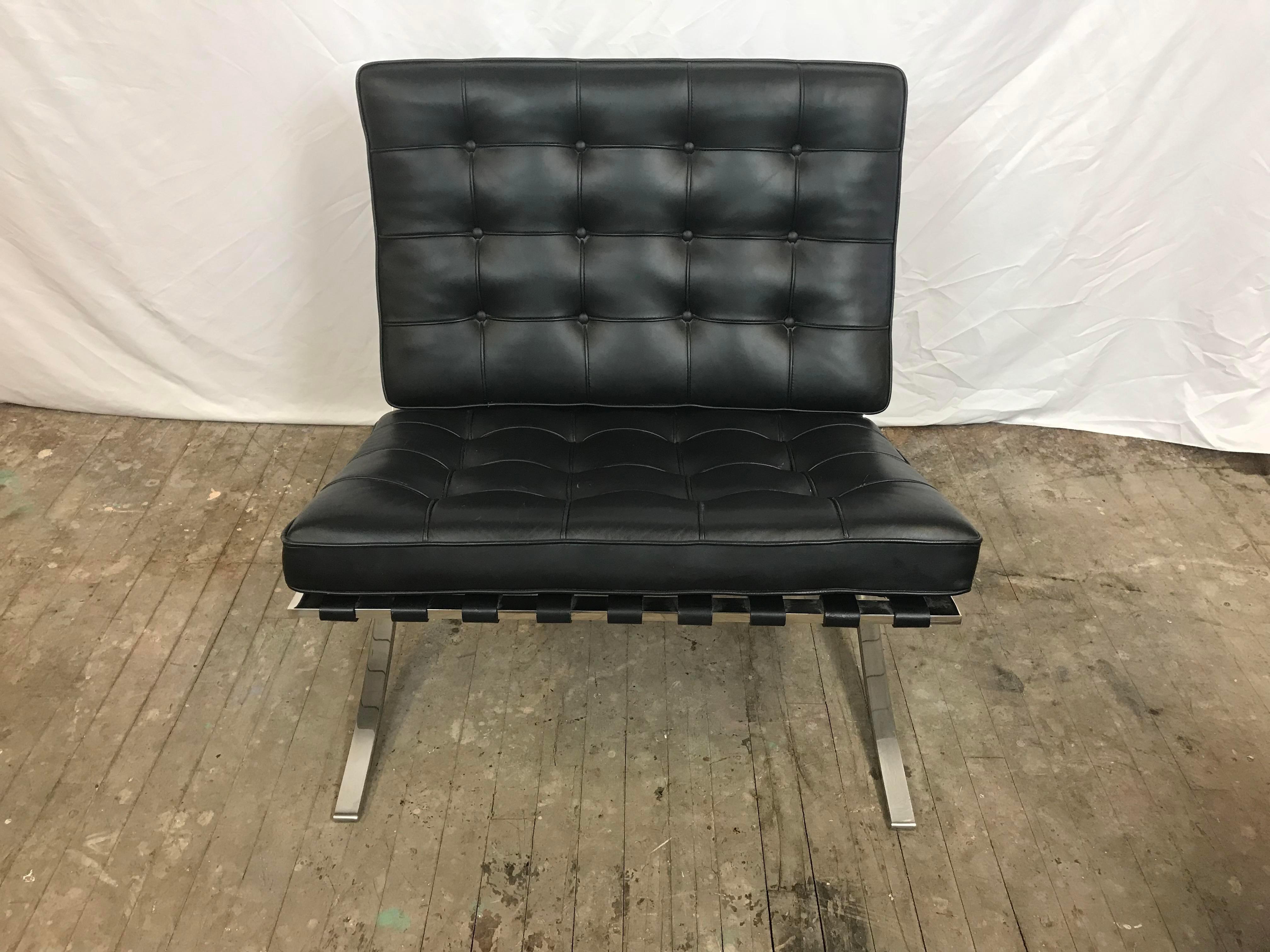 North American Knoll Black Leather Barcelona Chair and Ottoman