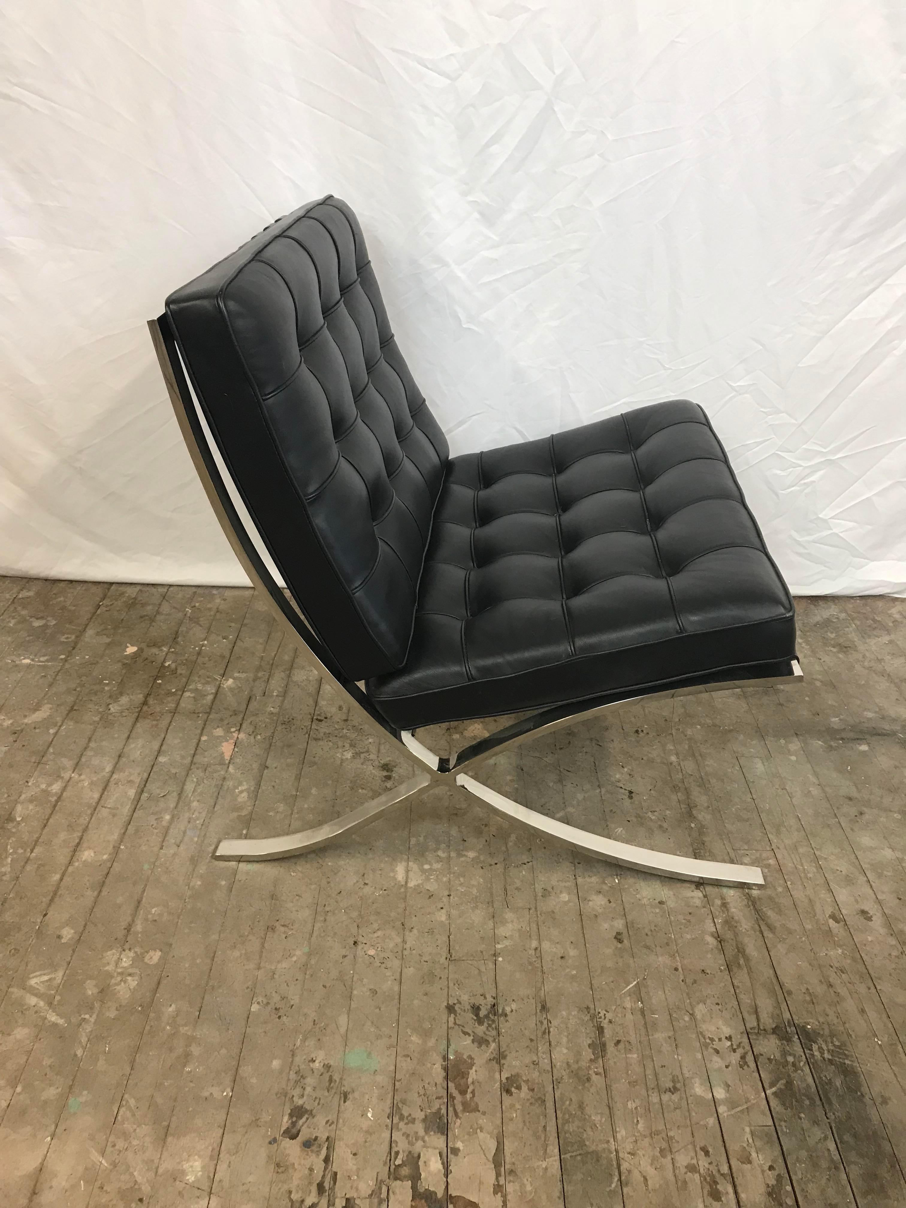 Knoll Black Leather Barcelona Chair and Ottoman In Good Condition In Portland, OR