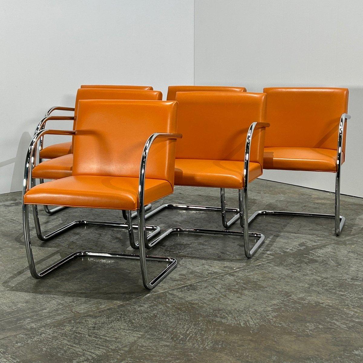 Acciaio Sedia Knoll Brno Tubular Tan Orange Leather di Ludwig Mies van der Rohe, Set (6) in vendita