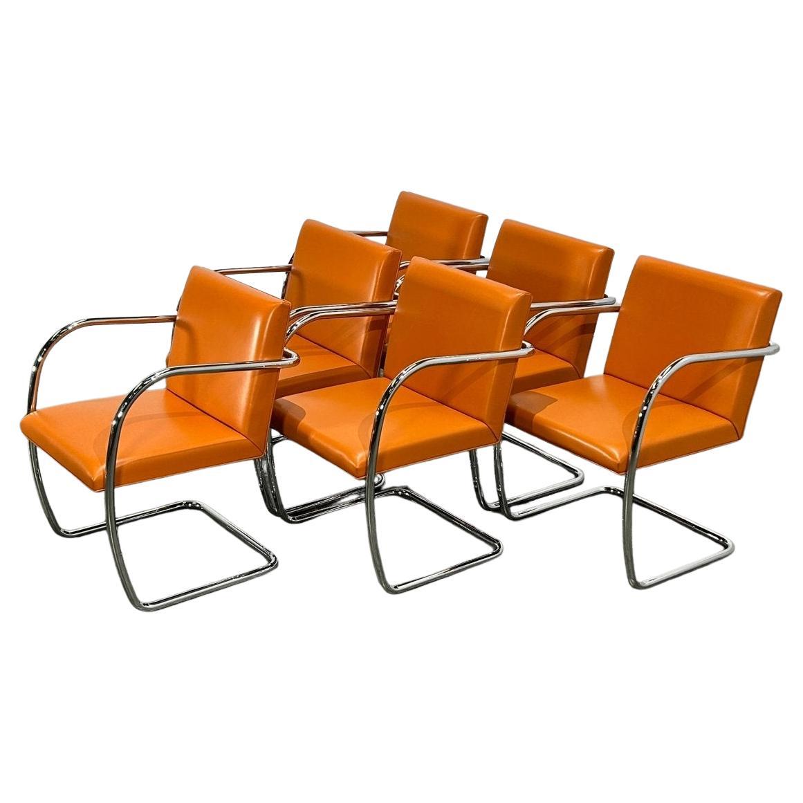 Knoll Brno Tubular Tan Orange Leather Chair by Ludwig Mies van der Rohe, Set (6)
